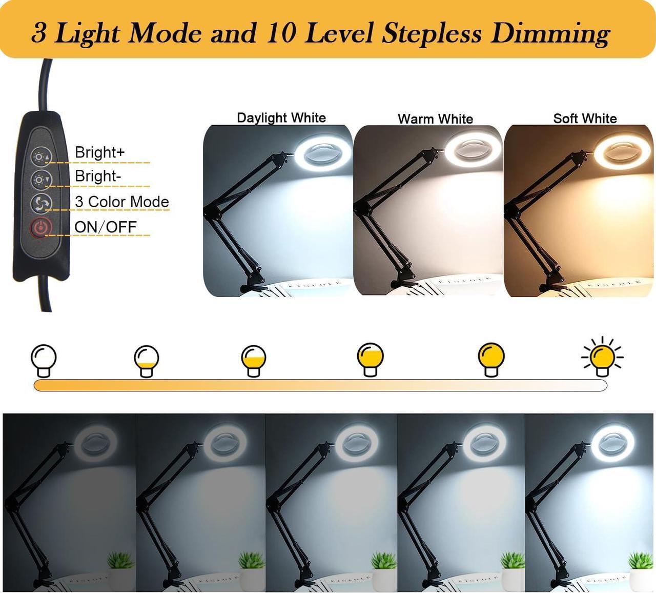 Alt view image 4 of 7 - Magnifying Glass with Light and Stand, 10X Magnifying Lamp with Clamp, 3 Color Modes Stepless Dimmable Desk Lamp, 2-in-1 Adjustable Swing Arm Lighted Magnifier Lamp for Reading, Craft