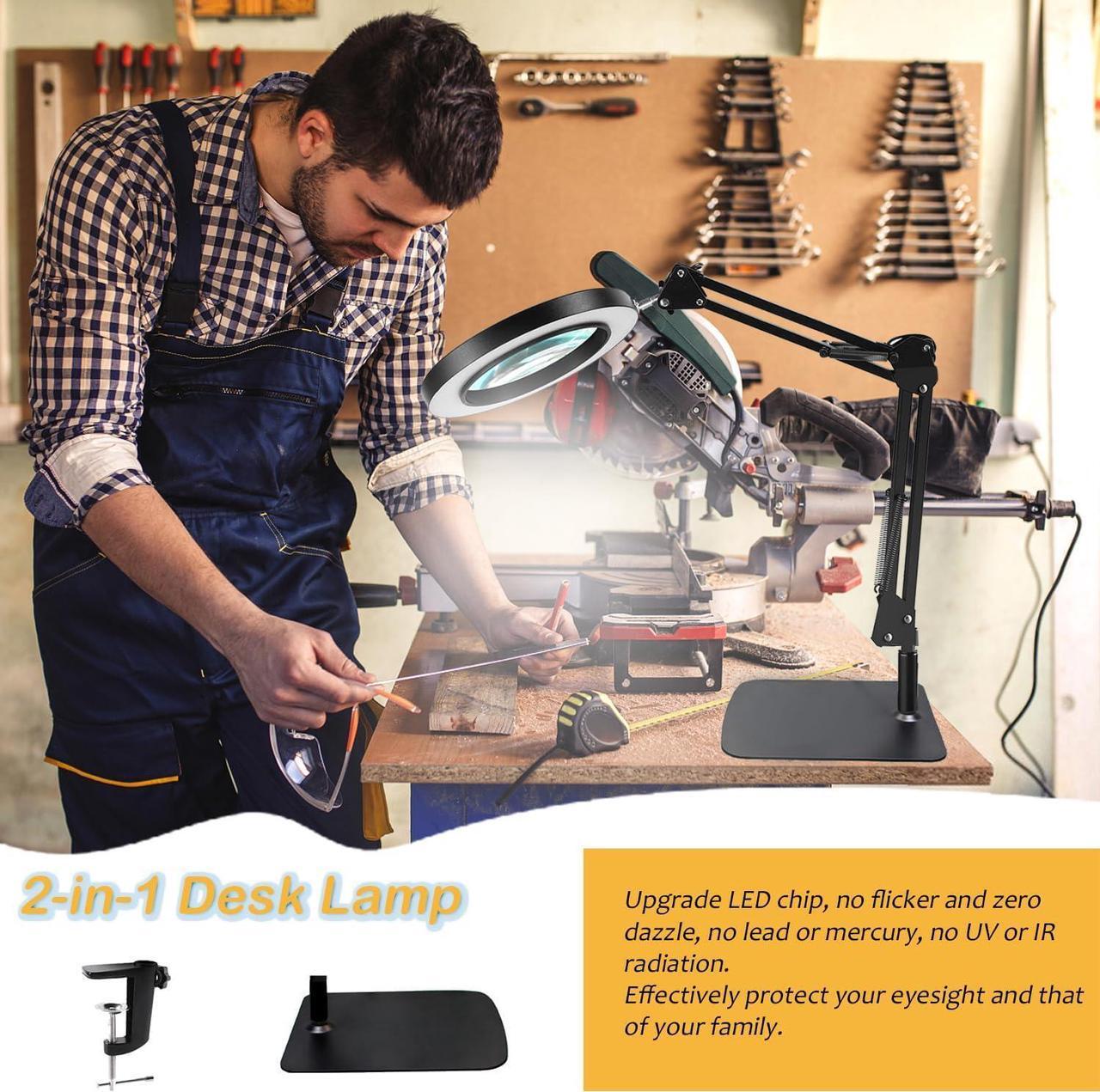 Alt view image 6 of 7 - Magnifying Glass with Light and Stand, 10X Magnifying Lamp with Clamp, 3 Color Modes Stepless Dimmable Desk Lamp, 2-in-1 Adjustable Swing Arm Lighted Magnifier Lamp for Reading, Craft