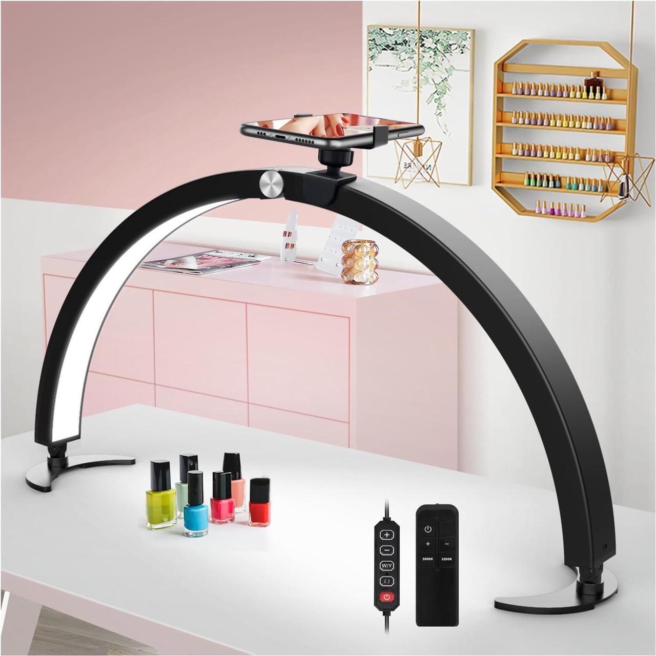Main image of yAyusi Half Moon Light for Nail Desk with Phone Stand, 29In 40W Nail Tech Light, Nail Table Lamp with Wire Controller & Remote, 7 Color Modes, 10 Brightness for Beauty/Eyelashes/Tattoos/Crafts
