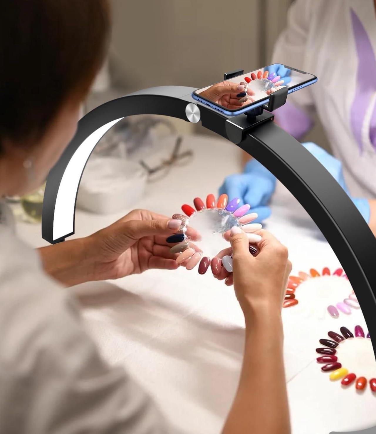 Alt view image 3 of 7 - yAyusi Half Moon Light for Nail Desk with Phone Stand, 29In 40W Nail Tech Light, Nail Table Lamp with Wire Controller & Remote, 7 Color Modes, 10 Brightness for Beauty/Eyelashes/Tattoos/Crafts