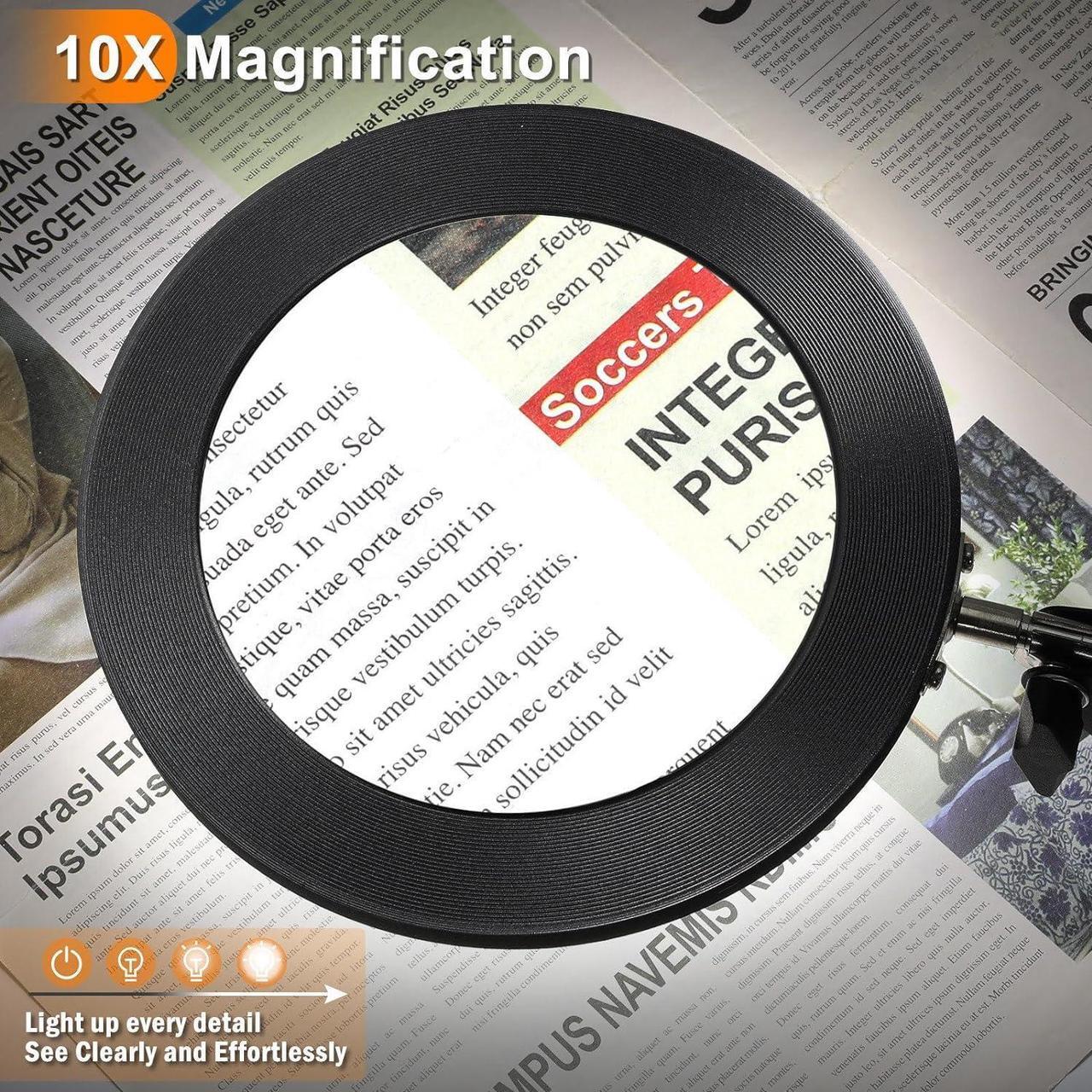 Alt view image 2 of 7 - Large 10X Magnifying Glass with Light, 5 in Real Glass Stand Lighted Magnifier, 3 Color Modes Steepless Dimmable LED Magnifying Desk Lamp with Clamp, Hands Free for Close Work Crafts Hobby