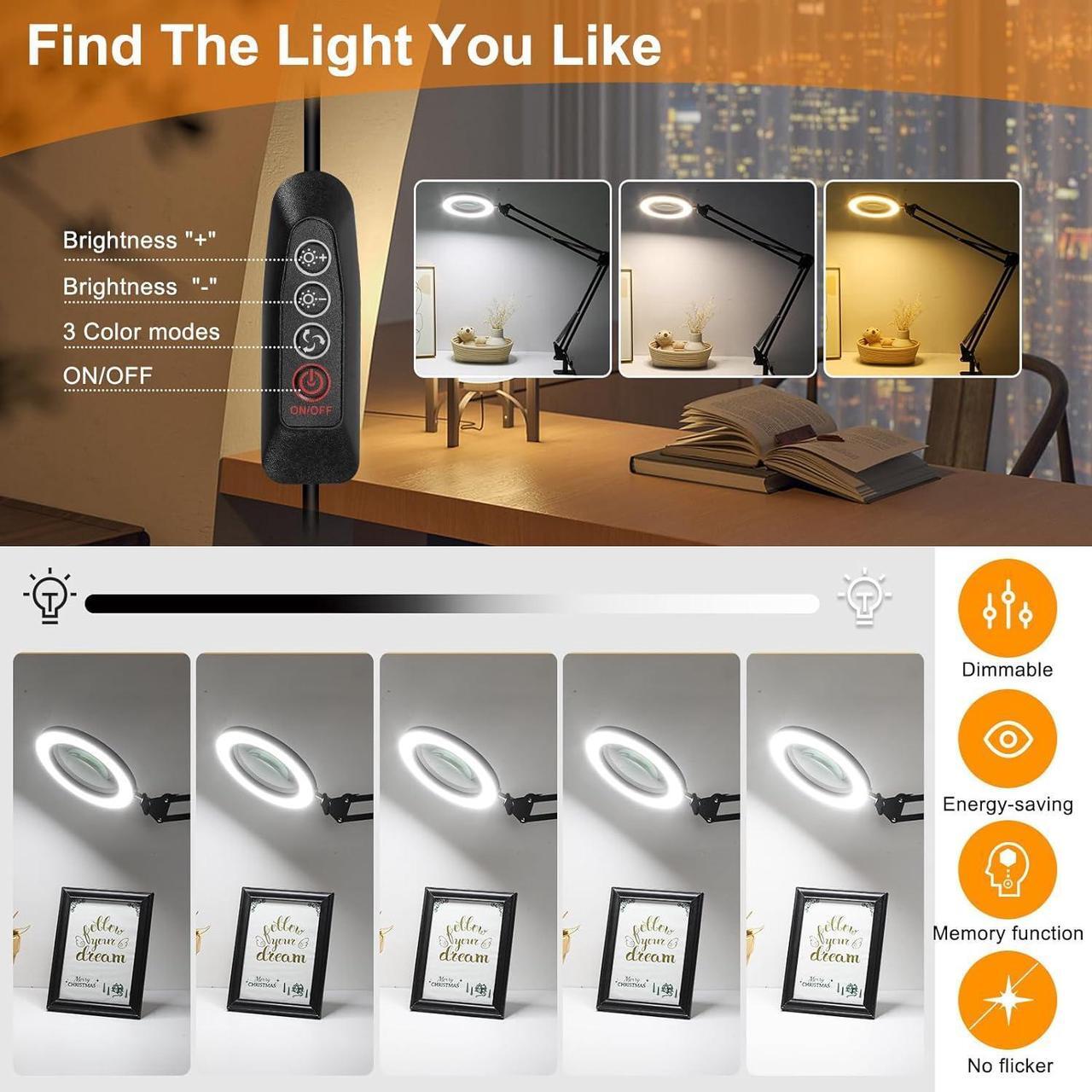 Alt view image 3 of 7 - Large 10X Magnifying Glass with Light, 5 in Real Glass Stand Lighted Magnifier, 3 Color Modes Steepless Dimmable LED Magnifying Desk Lamp with Clamp, Hands Free for Close Work Crafts Hobby