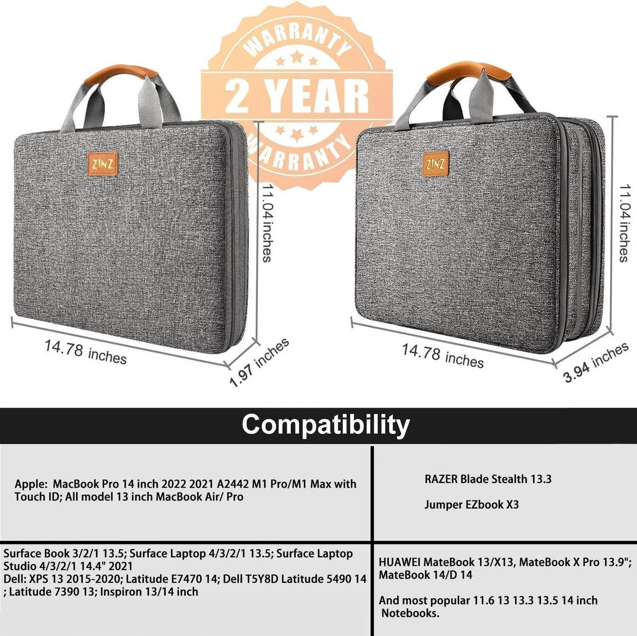 Alt view image 2 of 6 - ZINZ Slim Expandable 13 13.3 13.6 14 Laptop Case Sleeve Compatible with MacBook Air/Pro 13-14 M1 M2 M3 2021-2023 Pro/Max,13.5 Surface Laptop 4/3,D01G01