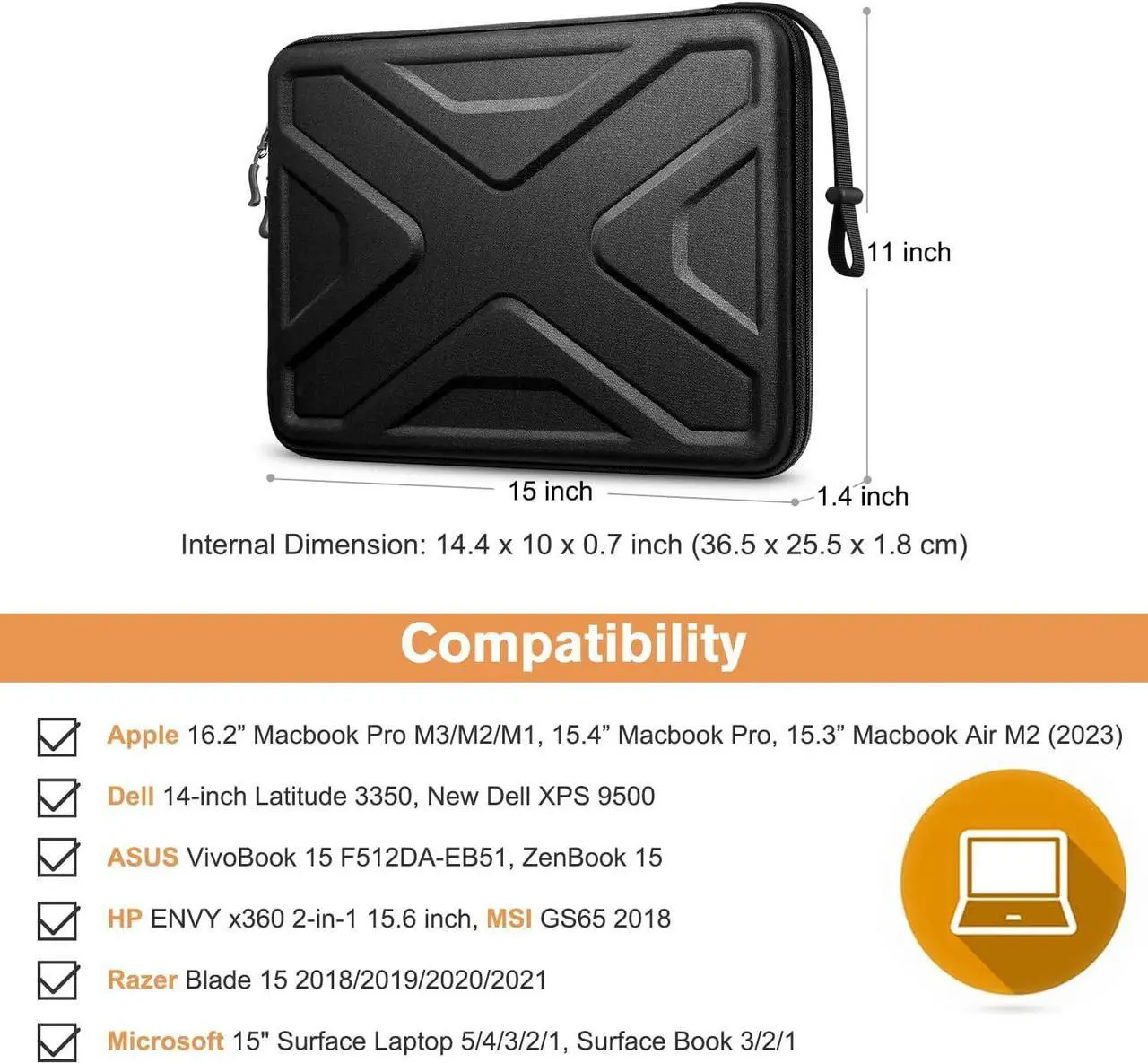 Alt view image 2 of 7 - SITHON Hard Shell Laptop Sleeve Case for 15 MacBook Air M2 2023, 16 MacBook Pro (M3/M2/M1 Pro/Max) A2991 2023-2019, 15 Surface Laptop, Shockproof Computer Bag, Black
