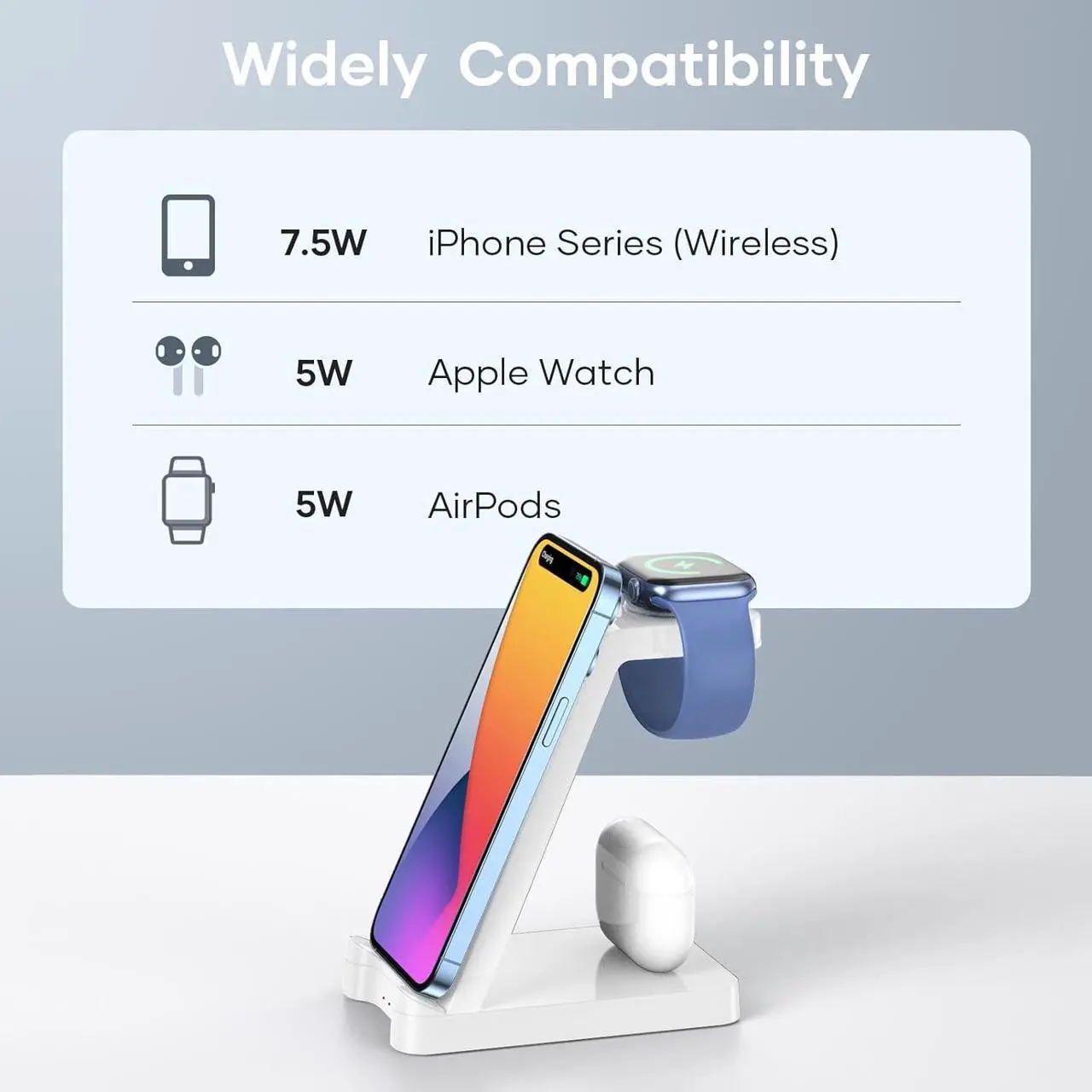 Alt view image 2 of 7 - 3 in 1 Charging Station for Apple Products - Wireless Charging Station for Multiple Devices, Phone and Watch Charger Dock with Stand for iPhone 14/13/12/11 Pro Max/XR/ 8 Plus and Airpods iWatch, White