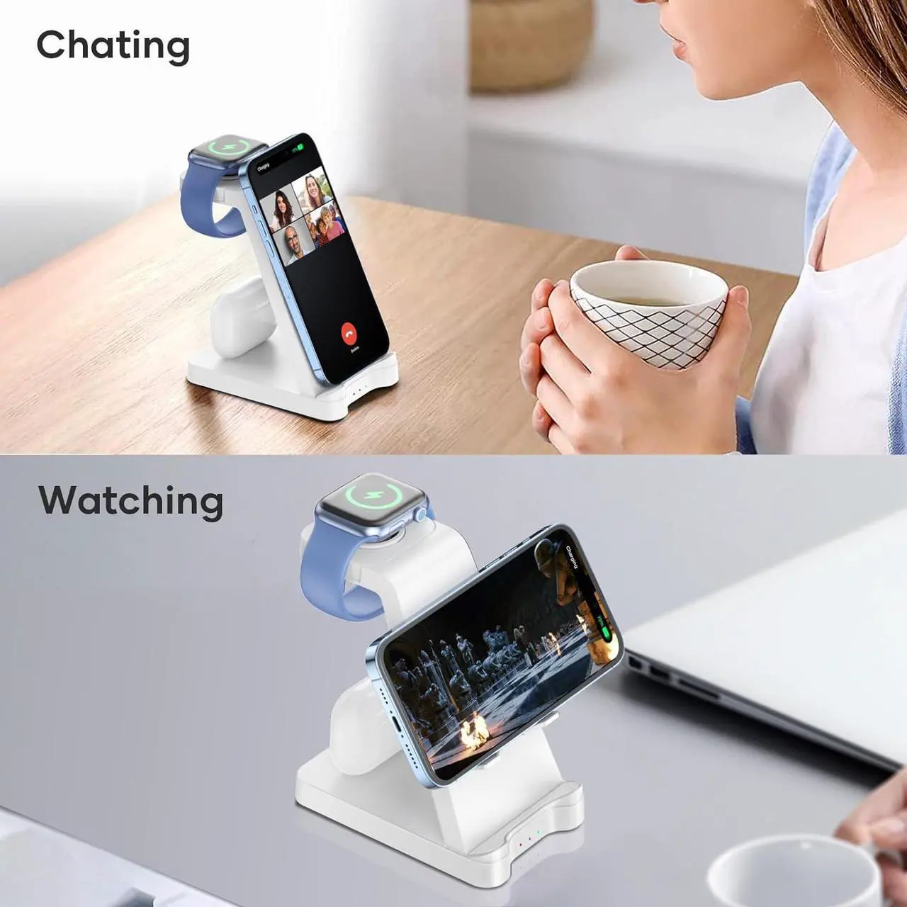 Alt view image 7 of 7 - 3 in 1 Charging Station for Apple Products - Wireless Charging Station for Multiple Devices, Phone and Watch Charger Dock with Stand for iPhone 14/13/12/11 Pro Max/XR/ 8 Plus and Airpods iWatch, White