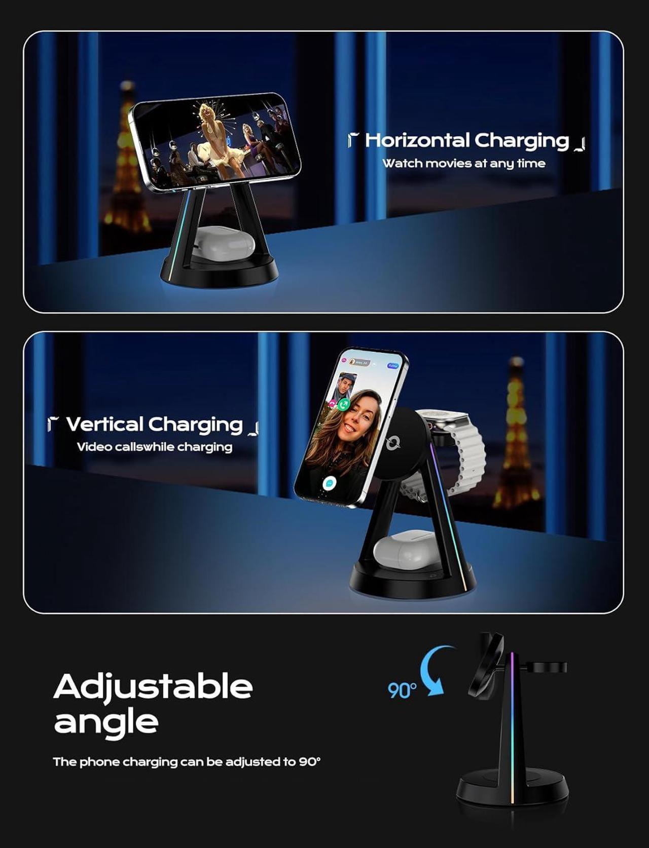 Alt view image 2 of 6 - 2024 RGB 3-in-1 Charging stationfor Apple Mag-safewireless Charger Stand 15W Fast Magnetic Wireless Charger for iPhone 15 14 13 12 Pro/Max/Plus/Mini AirPods Pro/3/2 iWatch 2-9-SE Ultra