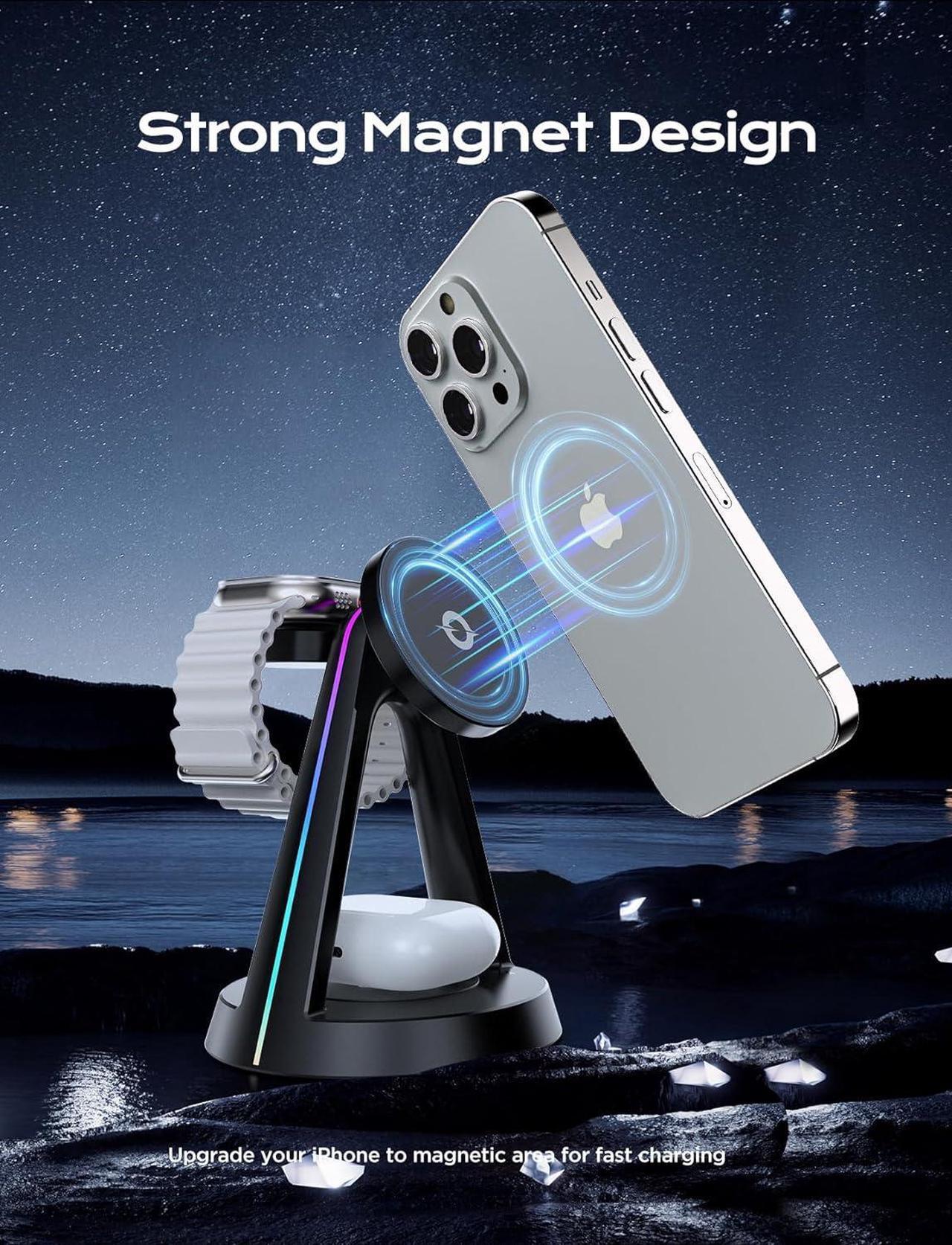 Alt view image 4 of 6 - 2024 RGB 3-in-1 Charging stationfor Apple Mag-safewireless Charger Stand 15W Fast Magnetic Wireless Charger for iPhone 15 14 13 12 Pro/Max/Plus/Mini AirPods Pro/3/2 iWatch 2-9-SE Ultra