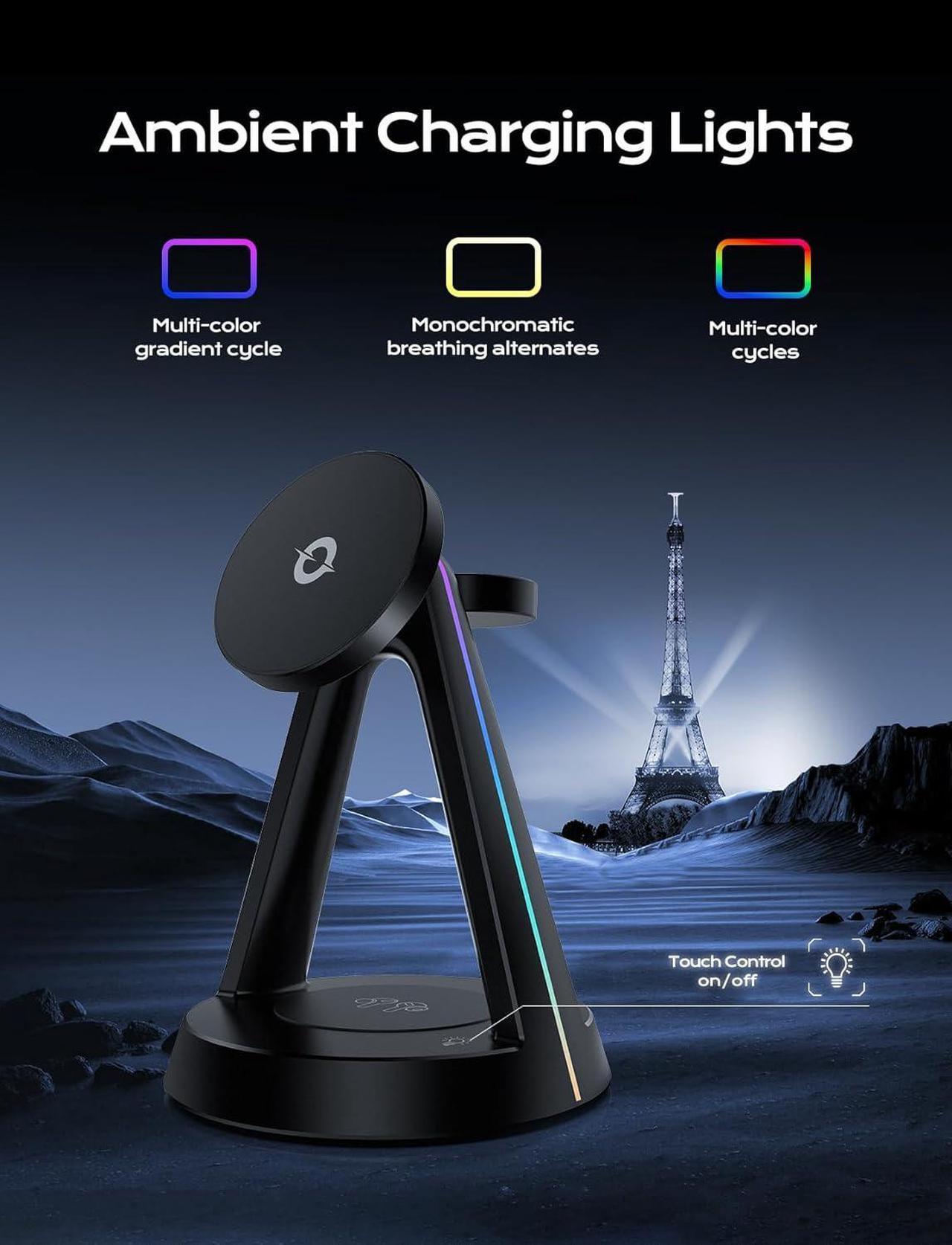 Alt view image 3 of 6 - 2024 RGB 3-in-1 Charging stationfor Apple Mag-safewireless Charger Stand 15W Fast Magnetic Wireless Charger for iPhone 15 14 13 12 Pro/Max/Plus/Mini AirPods Pro/3/2 iWatch 2-9-SE Ultra