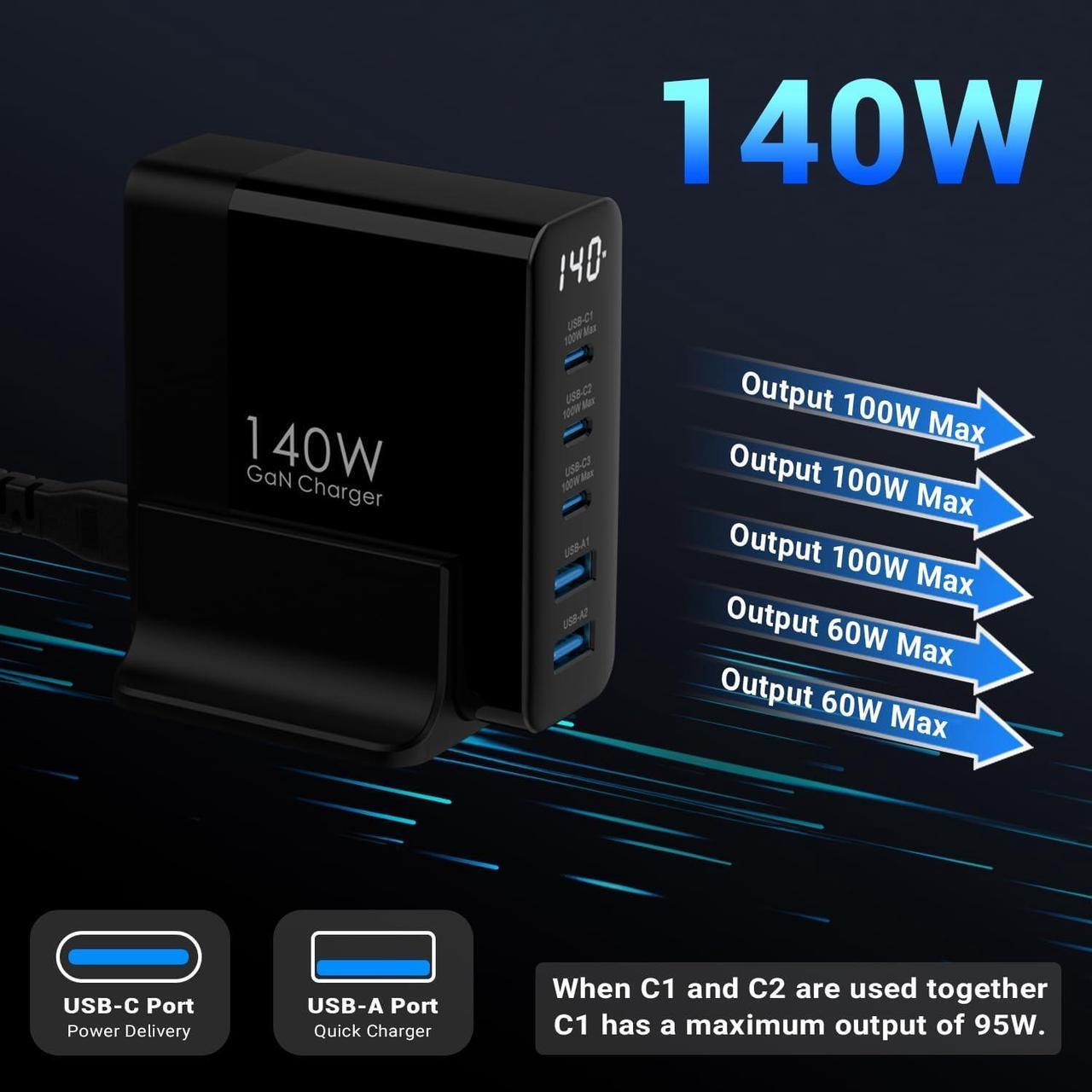 Alt view image 2 of 7 - 140W USB C Charging Station with Display, 5-Port GaN USB C Charger Block, Max 100W USB Hub Laptop Charger Compatible with MacBook Pro/Air,iPhone 15/14/13/Mini/Pro/Pro Max/ Galaxy Note