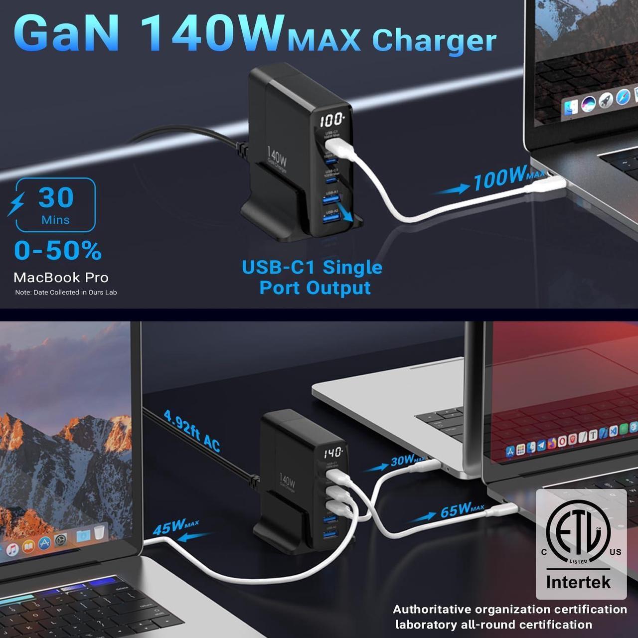 Alt view image 3 of 7 - 140W USB C Charging Station with Display, 5-Port GaN USB C Charger Block, Max 100W USB Hub Laptop Charger Compatible with MacBook Pro/Air,iPhone 15/14/13/Mini/Pro/Pro Max/ Galaxy Note