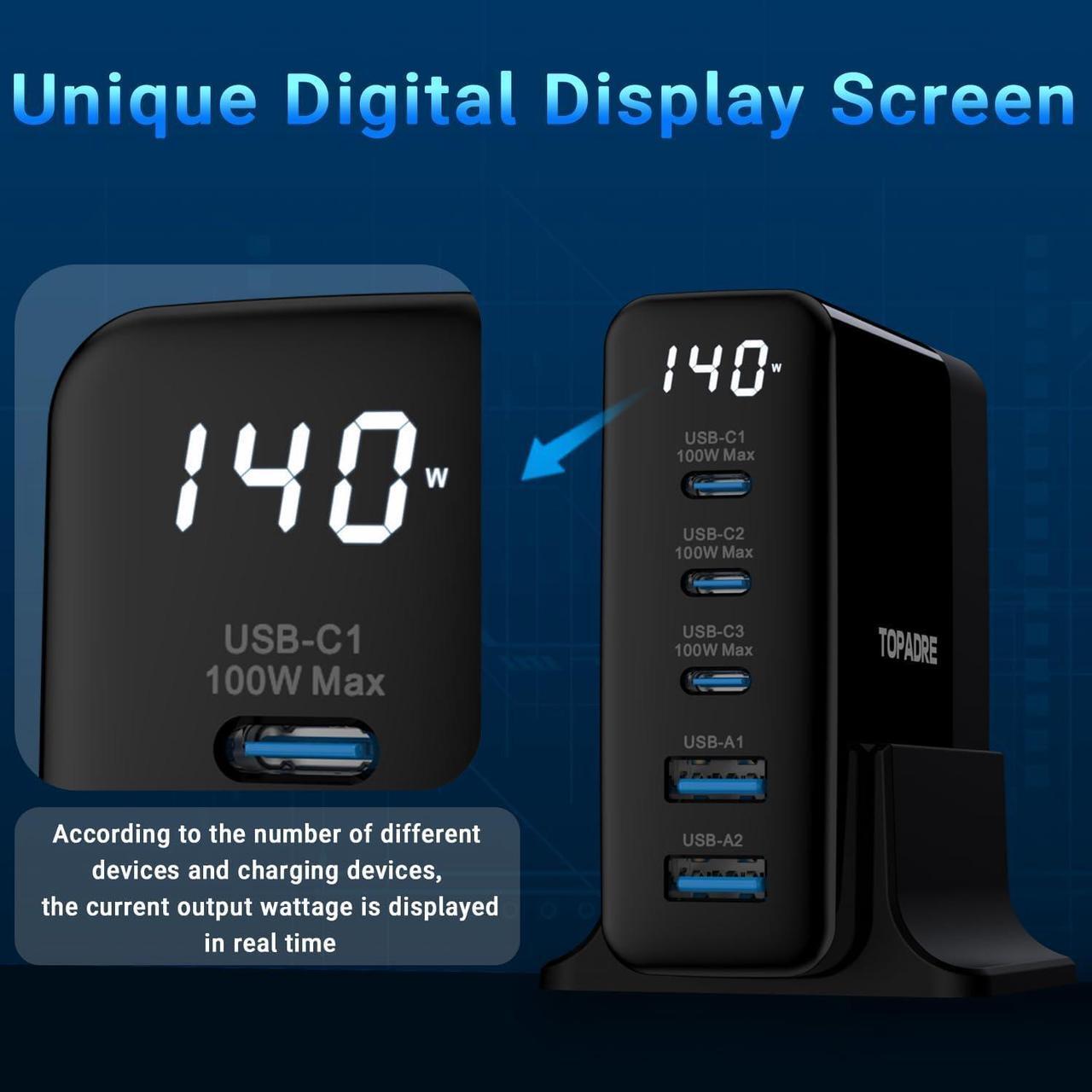 Alt view image 5 of 7 - 140W USB C Charging Station with Display, 5-Port GaN USB C Charger Block, Max 100W USB Hub Laptop Charger Compatible with MacBook Pro/Air,iPhone 15/14/13/Mini/Pro/Pro Max/ Galaxy Note