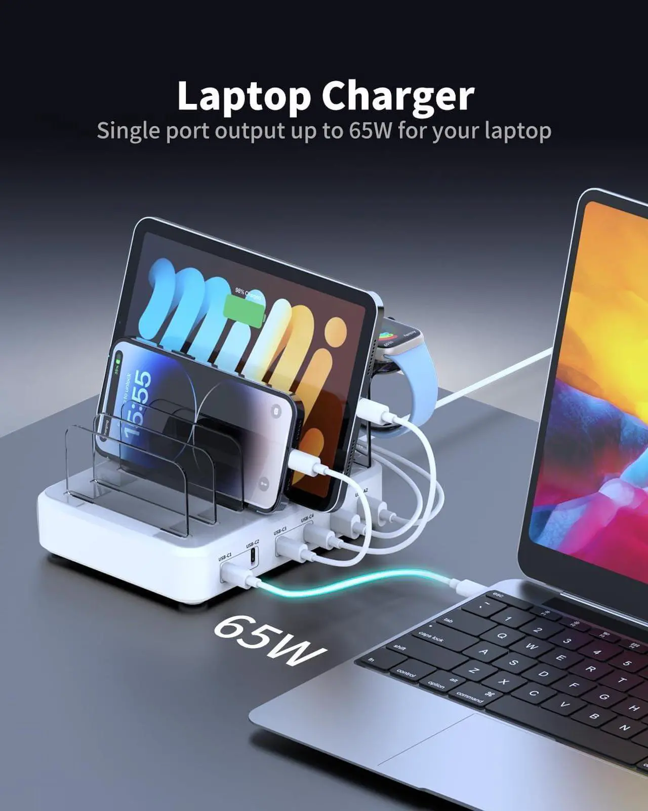 Alt view image 2 of 7 - 120W Charging Station for Multiple Devices - 6 Port Charger Station Designed for Apple iPhone iPad Tablets, 65W Max USB-C Fast Charger for Laptops (7 Cables & 2-in-1 Stand Included)