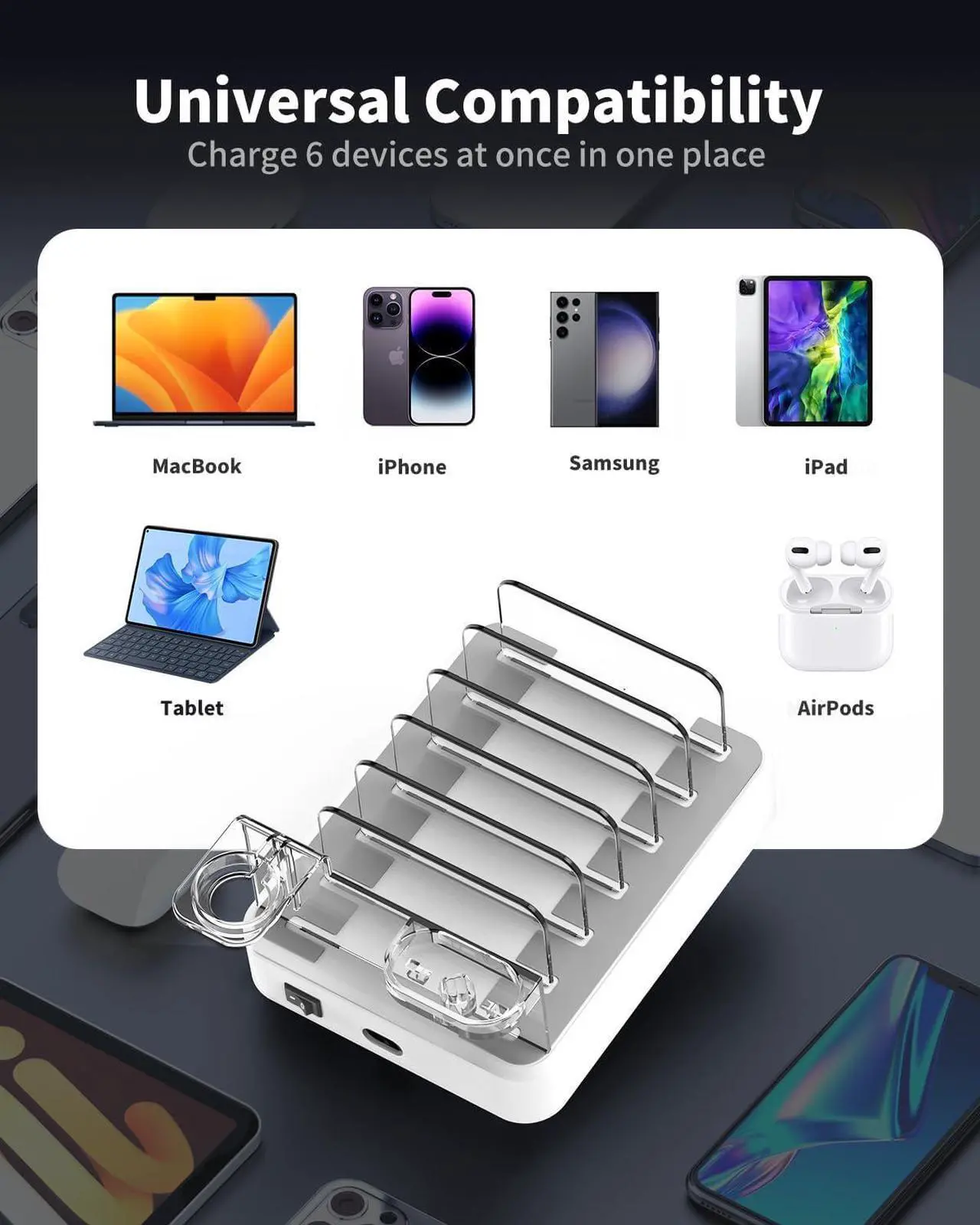 Alt view image 3 of 7 - 120W Charging Station for Multiple Devices - 6 Port Charger Station Designed for Apple iPhone iPad Tablets, 65W Max USB-C Fast Charger for Laptops (7 Cables & 2-in-1 Stand Included)