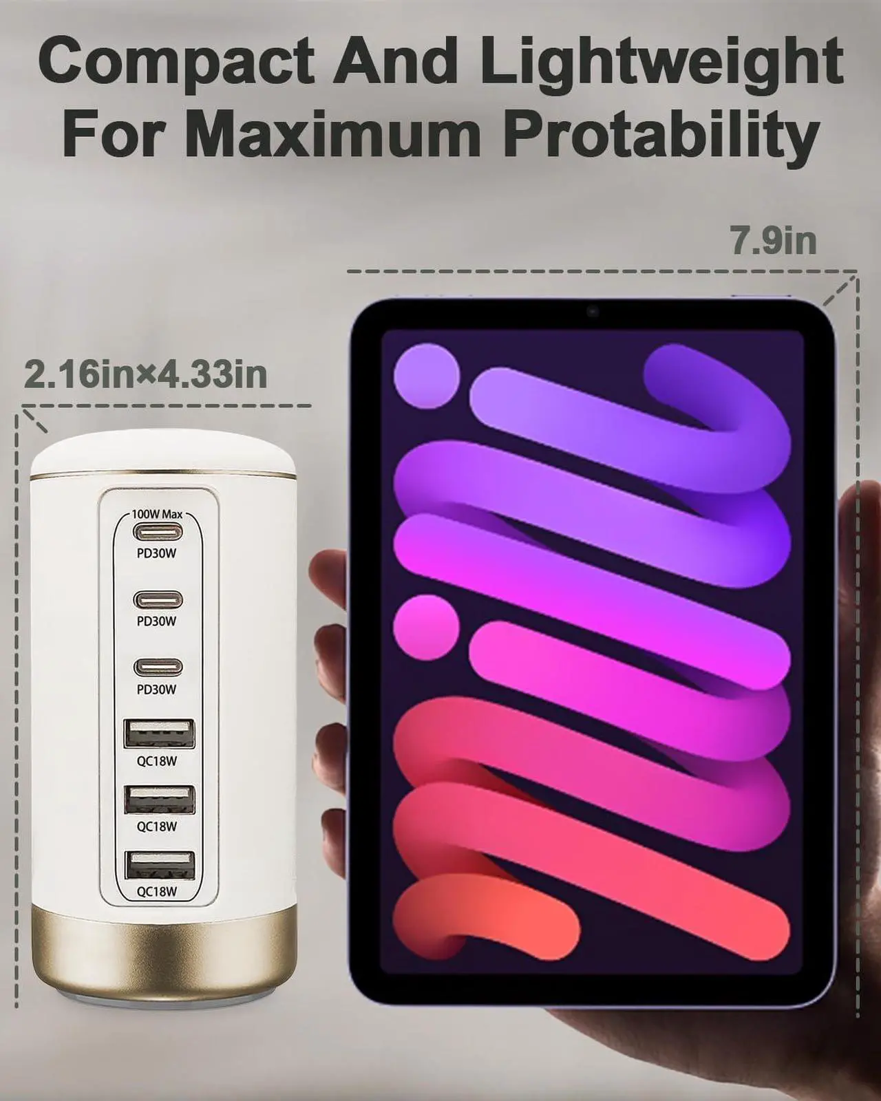 Alt view image 3 of 7 - 100W USB C Charger for Multiple Devices,6-Port 30W USB-C & 18W USB Ports- Compact, Space-Saving Design Fast Charging Tower for iPhone, Galaxy,Pixel, iPad, Watches,Home Office Use