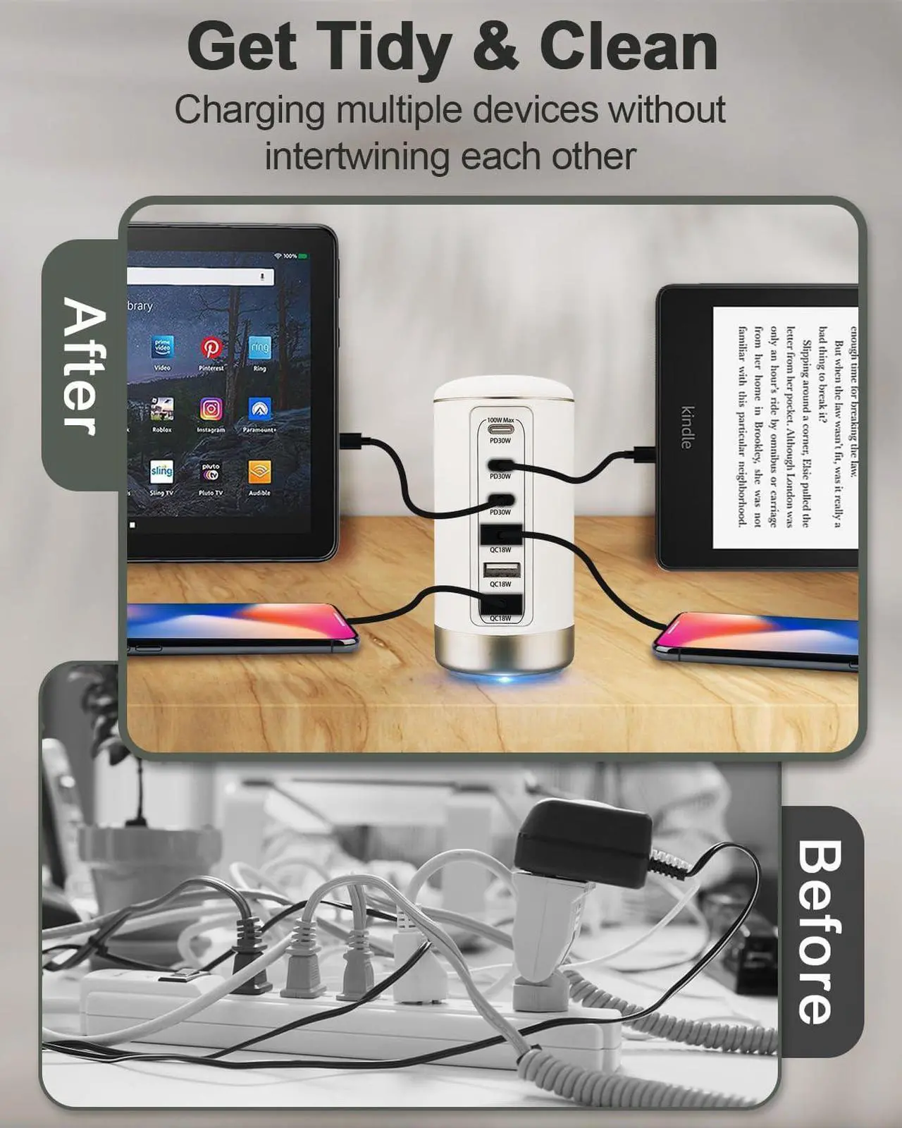 Alt view image 7 of 7 - 100W USB C Charger for Multiple Devices,6-Port 30W USB-C & 18W USB Ports- Compact, Space-Saving Design Fast Charging Tower for iPhone, Galaxy,Pixel, iPad, Watches,Home Office Use