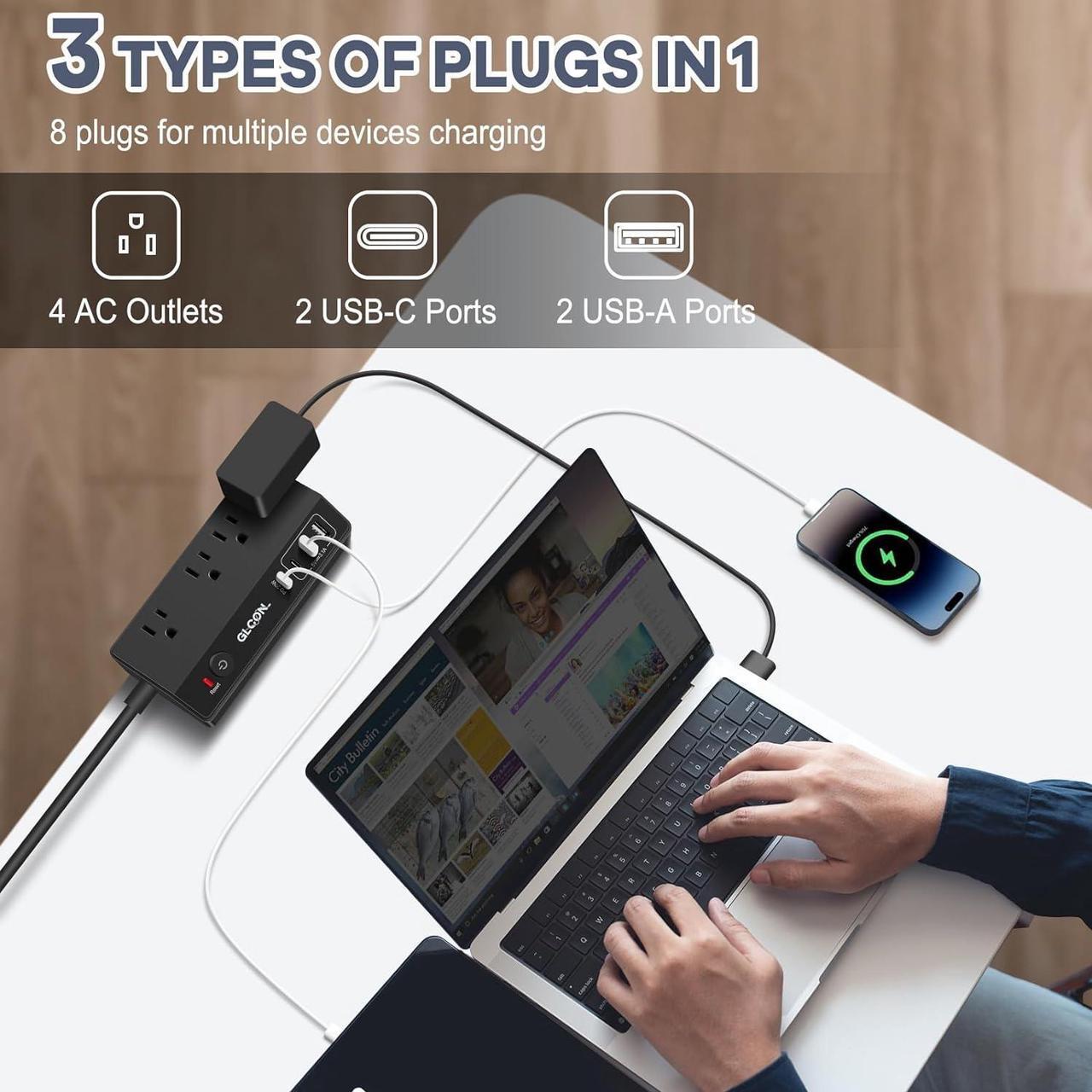 Alt view image 2 of 7 - Desk Clamp Power Strip - 20W USB C Fast Charging Station - Desk Power Strip Flat Plug Extension Cord 10FT with 4 USB Ports + 4 Outlets - Desktop Mount Surge Protector - Fit 1.8 Tabletop Edge