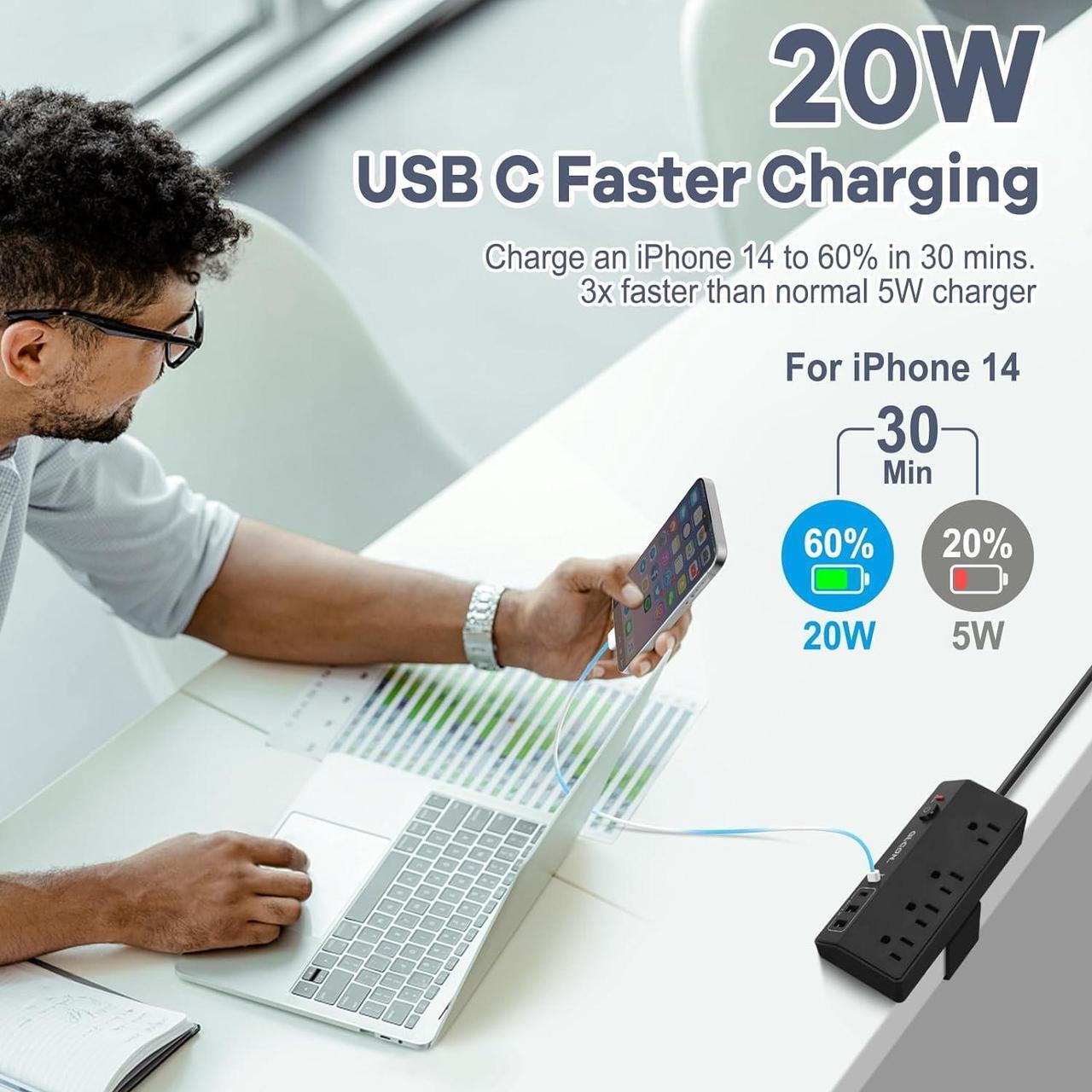 Alt view image 3 of 7 - Desk Clamp Power Strip - 20W USB C Fast Charging Station - Desk Power Strip Flat Plug Extension Cord 10FT with 4 USB Ports + 4 Outlets - Desktop Mount Surge Protector - Fit 1.8 Tabletop Edge