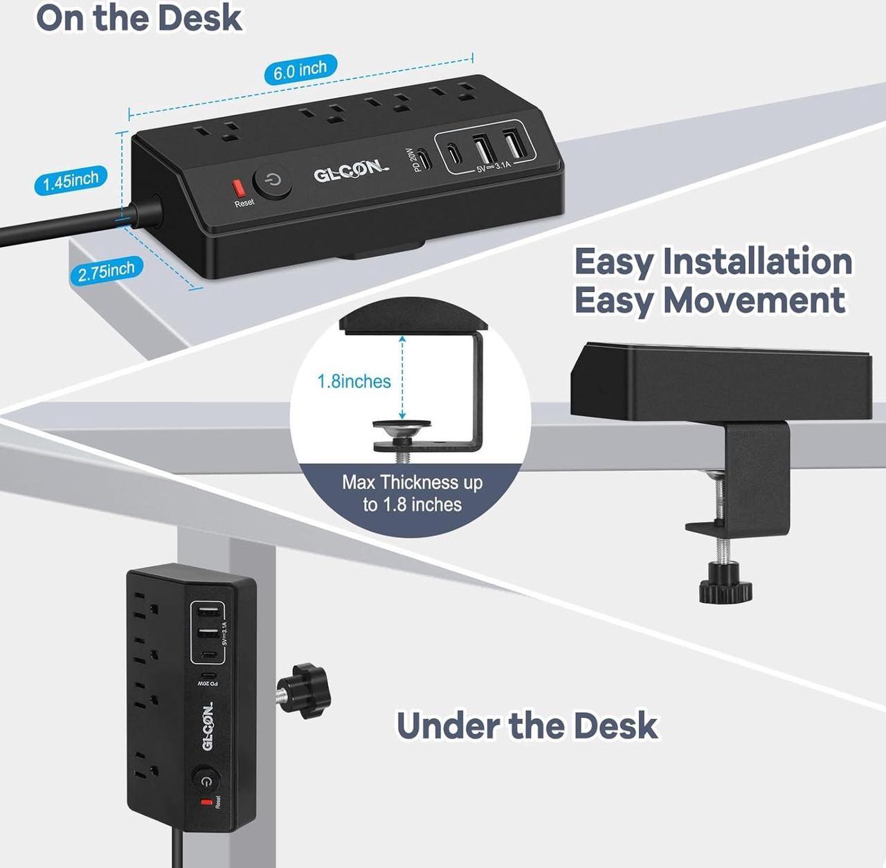 Alt view image 6 of 7 - Desk Clamp Power Strip - 20W USB C Fast Charging Station - Desk Power Strip Flat Plug Extension Cord 10FT with 4 USB Ports + 4 Outlets - Desktop Mount Surge Protector - Fit 1.8 Tabletop Edge