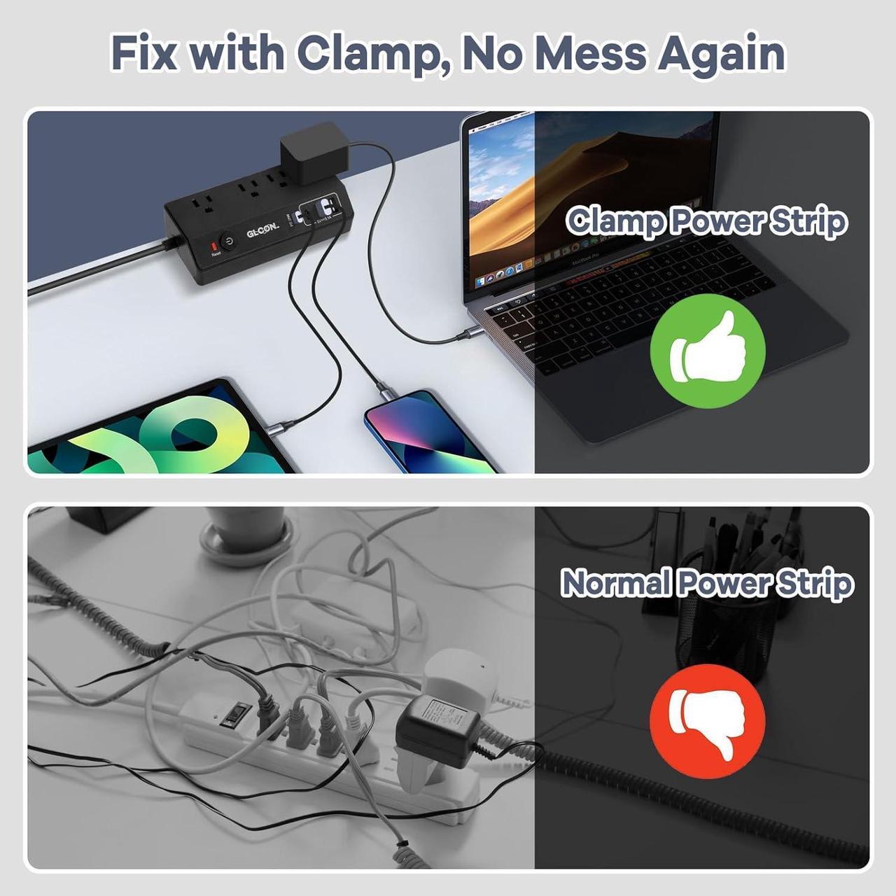 Alt view image 5 of 7 - Desk Clamp Power Strip - 20W USB C Fast Charging Station - Desk Power Strip Flat Plug Extension Cord 10FT with 4 USB Ports + 4 Outlets - Desktop Mount Surge Protector - Fit 1.8 Tabletop Edge