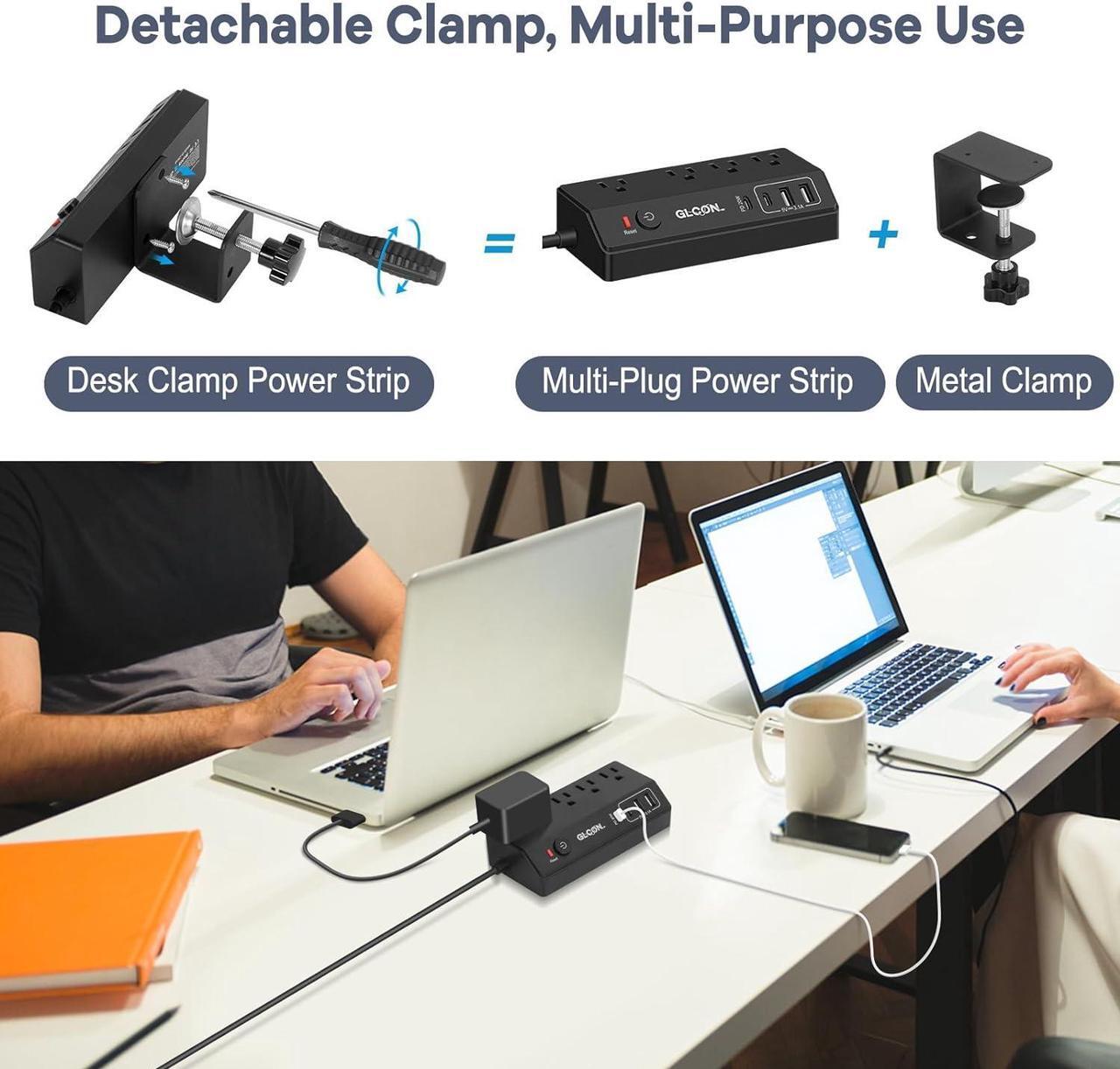 Alt view image 7 of 7 - Desk Clamp Power Strip - 20W USB C Fast Charging Station - Desk Power Strip Flat Plug Extension Cord 10FT with 4 USB Ports + 4 Outlets - Desktop Mount Surge Protector - Fit 1.8 Tabletop Edge