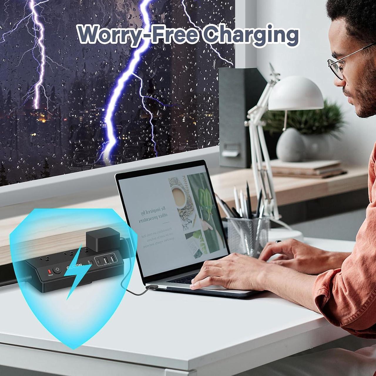 Alt view image 4 of 7 - Desk Clamp Power Strip - 20W USB C Fast Charging Station - Desk Power Strip Flat Plug Extension Cord 10FT with 4 USB Ports + 4 Outlets - Desktop Mount Surge Protector - Fit 1.8 Tabletop Edge