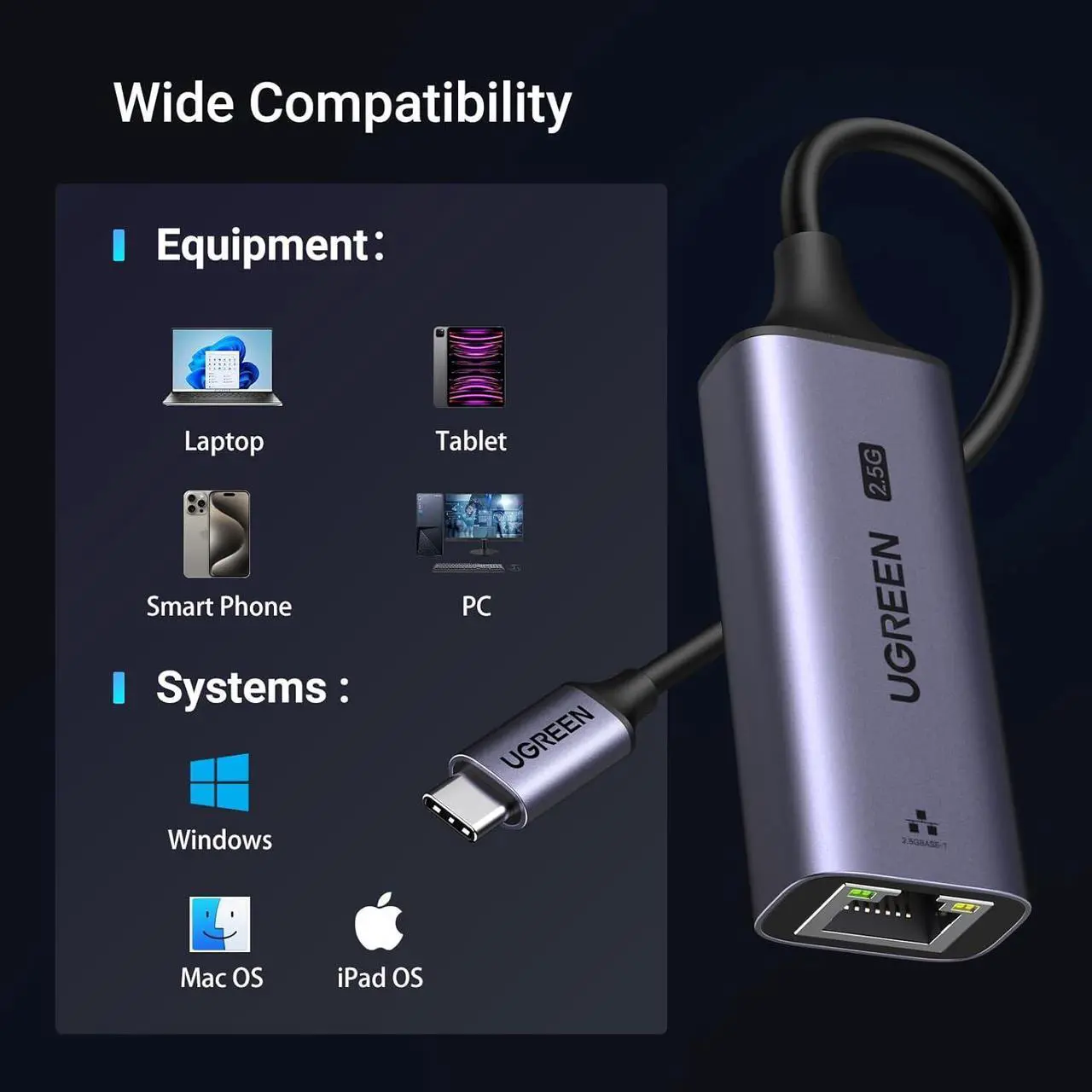 Alt view image 6 of 7 - UGREEN USB C to Ethernet Adapter 2.5G, Ethernet Adapter for Laptop, Aluminum, Type C (Thunderbolt 4/3) to Rj45 Network Internet LAN Adapter, Compatible for NAS, MacBook Air/Pro, XPS, iPhone 15 Pro/Max