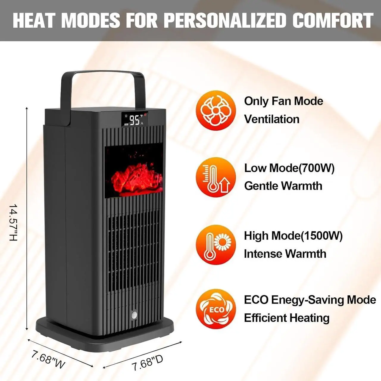 Alt view image 7 of 7 - Space Heater, 2023 Small Space Heaters for Indoor Use, Oscillating Electric Heater with Infrared Sensor & 3D Flame Effect as Mini Fireplace, 1500W ECO Portable Heater for Office/Bedroom/Home/Garage