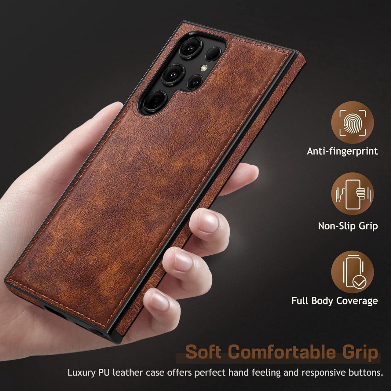 Alt view image 5 of 7 - LOHASIC for Galaxy S23 Ultra Case, Premium Leather Luxury Business PU Non-Slip Grip Shockproof Bumper Full Body Protective Cover Phone Cases for Samsung Galaxy S23 Ultra 5G 6.8 inch - Brown