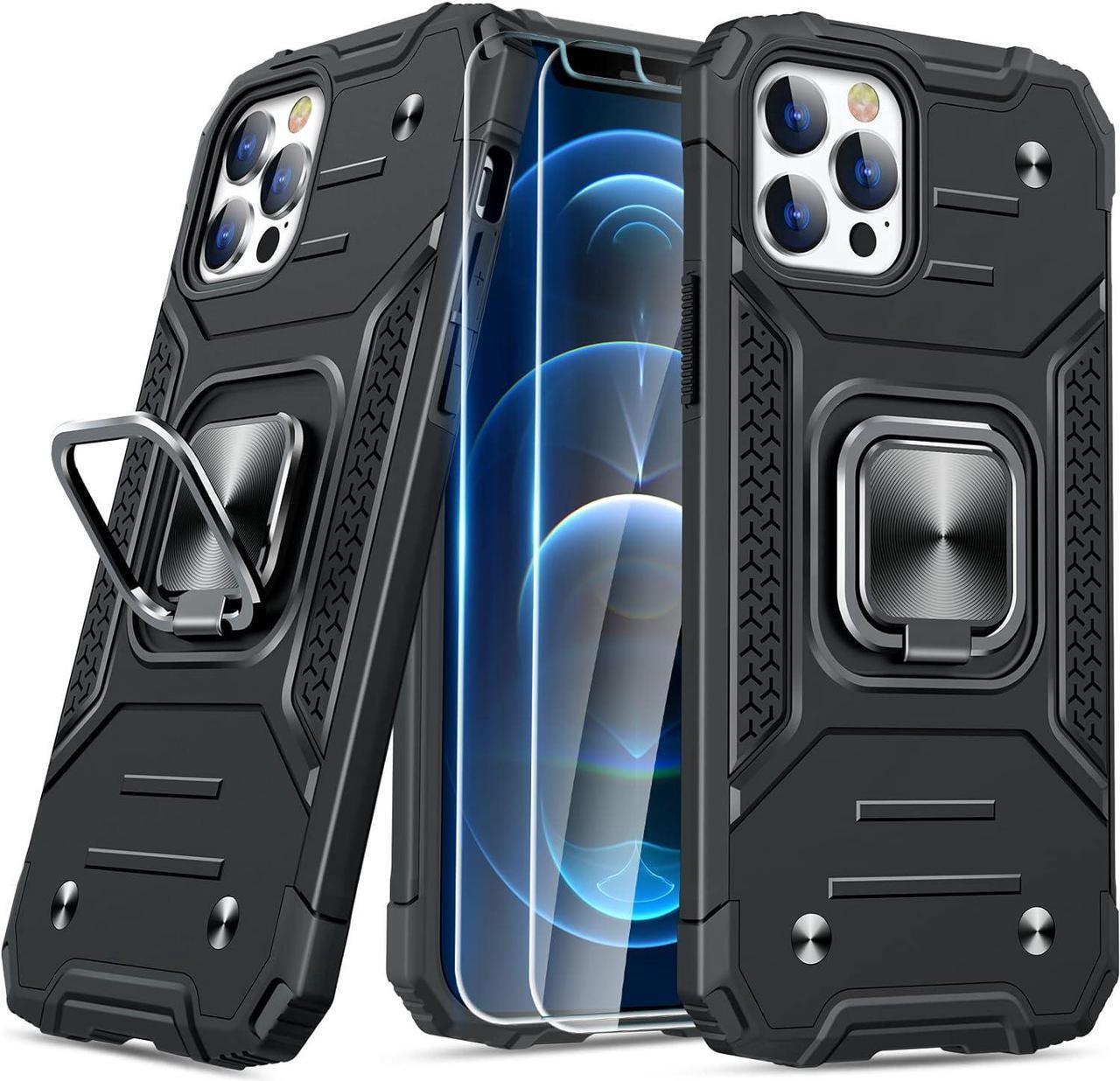 Main image of JAME Designed for iPhone 12 Pro Max Case with Screen Protector [2PCS], Military-Grade Drop Protection Cover, Protective Phone Cases, with Ring Kickstand, Bumper Case for iPhone 12 Pro Max 6.7 Black