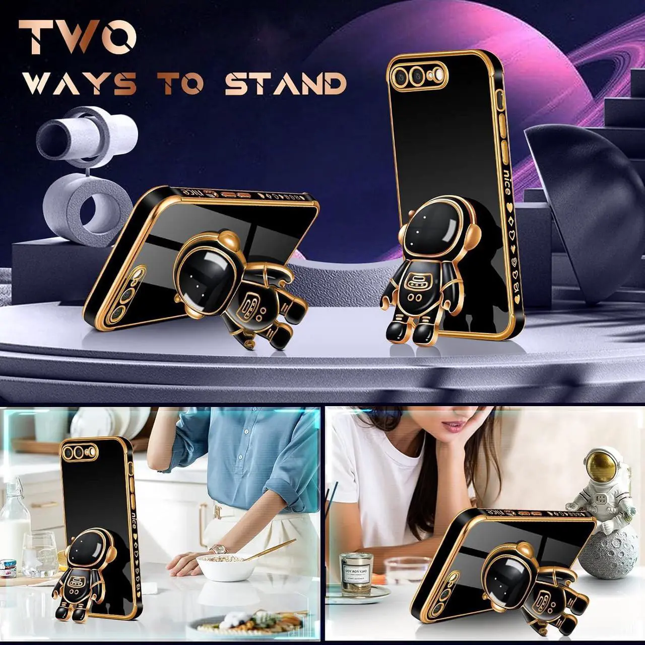 Alt view image 3 of 6 - for iPhone 7 Plus/iPhone 8 Plus Case Astronaut Cute for Women Girls Girly Unique Black Phone Cases with Astronaut Hidden Stand Kickstand 6D Design Cover for iPhone 7Plus/8Plus 5.5 inch