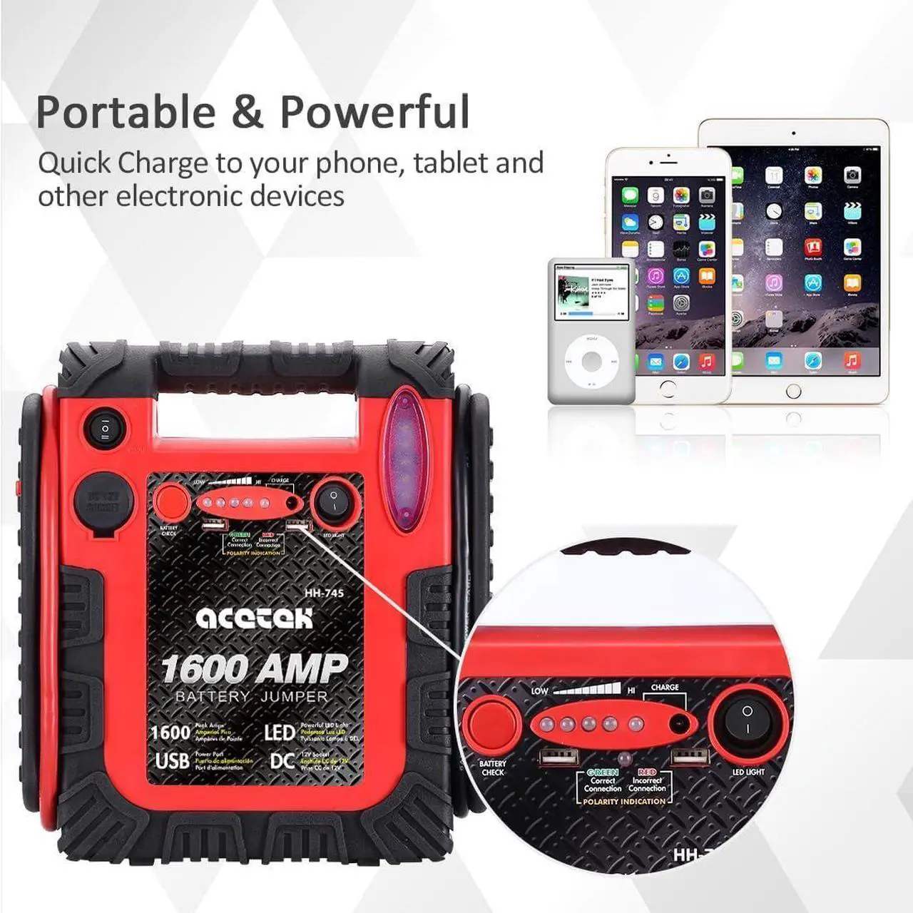 Alt view image 3 of 6 - 1600 Amp Car Jump Starter Portable Battery Charger, 20000 mAh Emergency Supply Power Pack (Up to 6 L Gas or 6 L Diesel Engine), 12V Auto Lead-Acid Battery Booster with LED Light & USB Ports