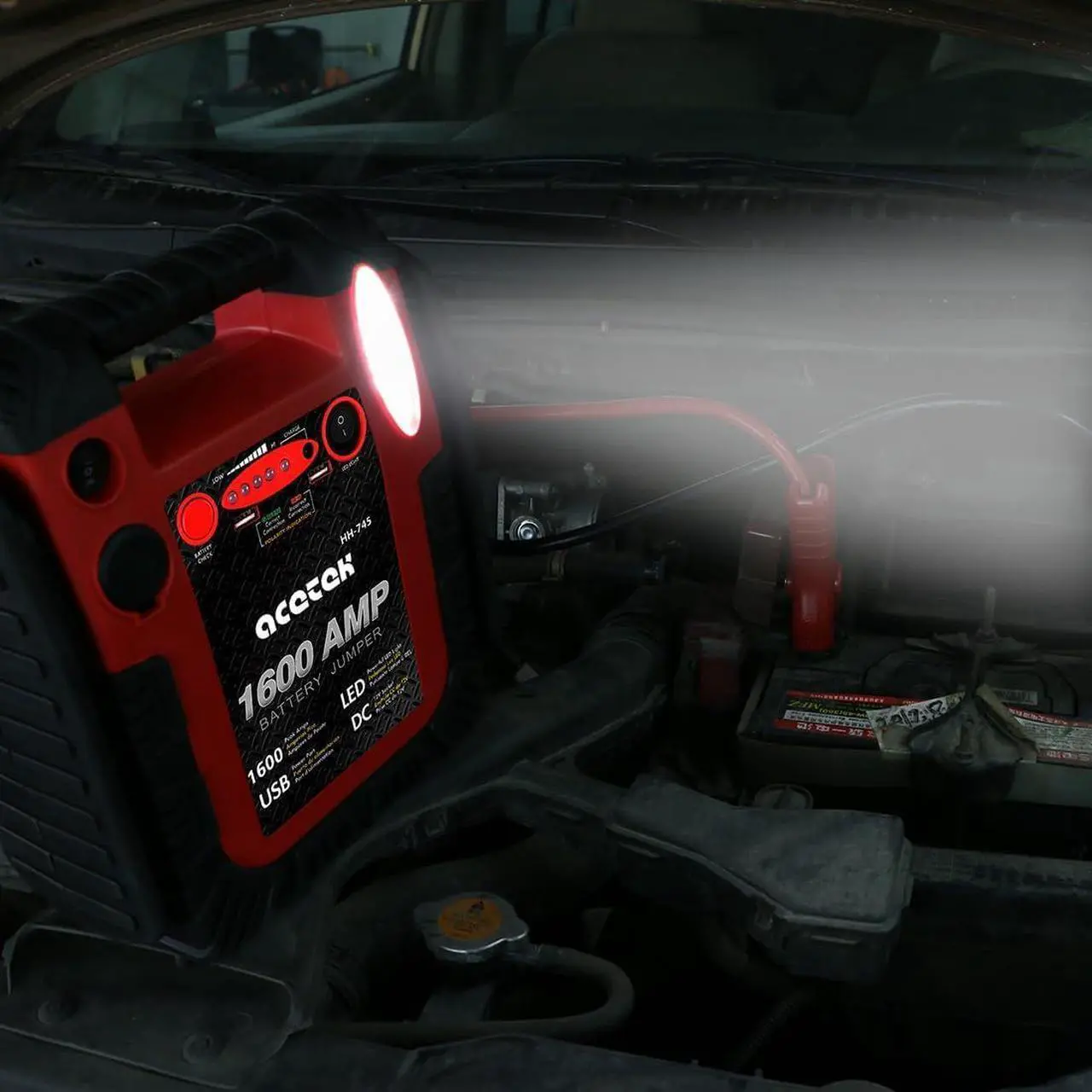 Alt view image 4 of 6 - 1600 Amp Car Jump Starter Portable Battery Charger, 20000 mAh Emergency Supply Power Pack (Up to 6 L Gas or 6 L Diesel Engine), 12V Auto Lead-Acid Battery Booster with LED Light & USB Ports