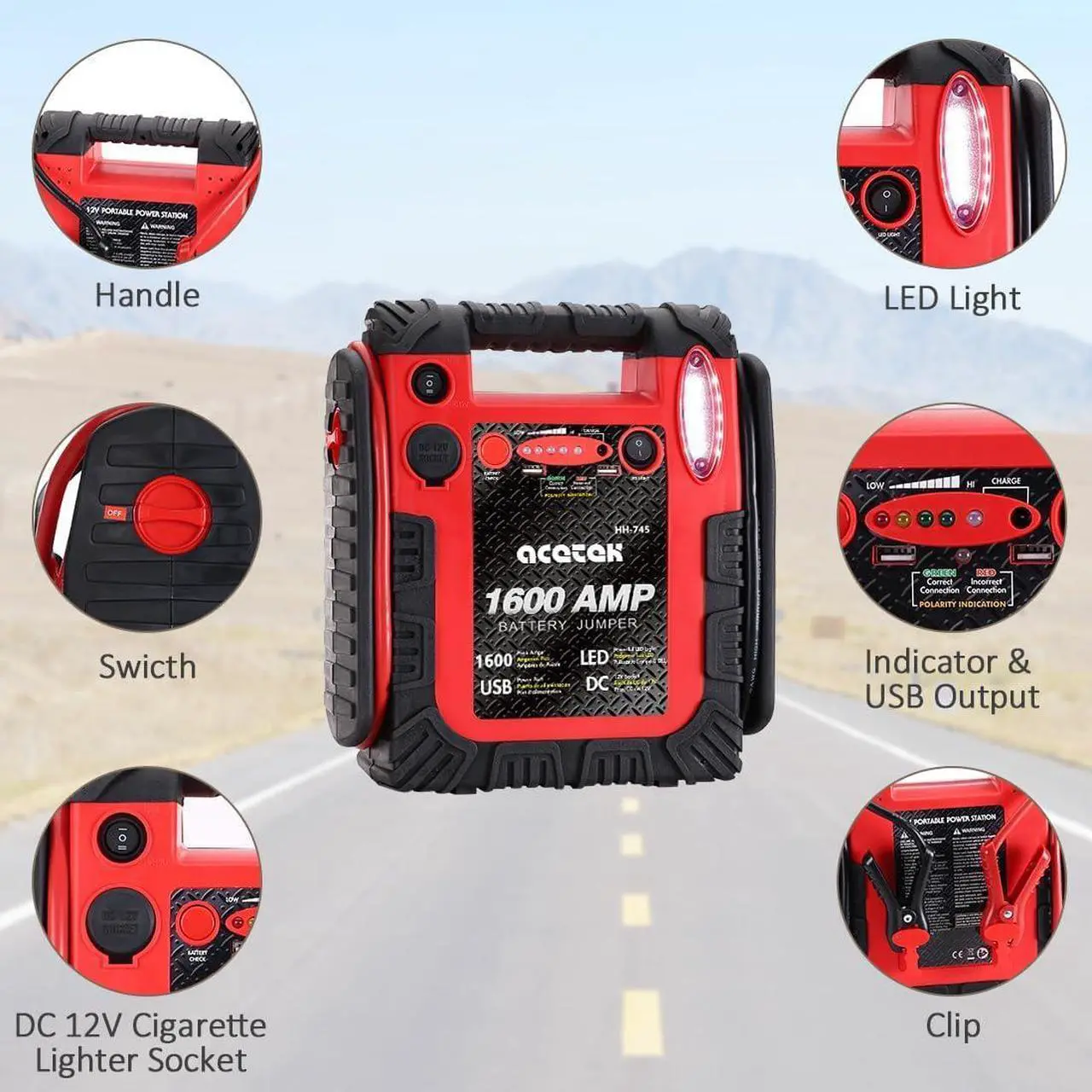 Alt view image 6 of 6 - 1600 Amp Car Jump Starter Portable Battery Charger, 20000 mAh Emergency Supply Power Pack (Up to 6 L Gas or 6 L Diesel Engine), 12V Auto Lead-Acid Battery Booster with LED Light & USB Ports