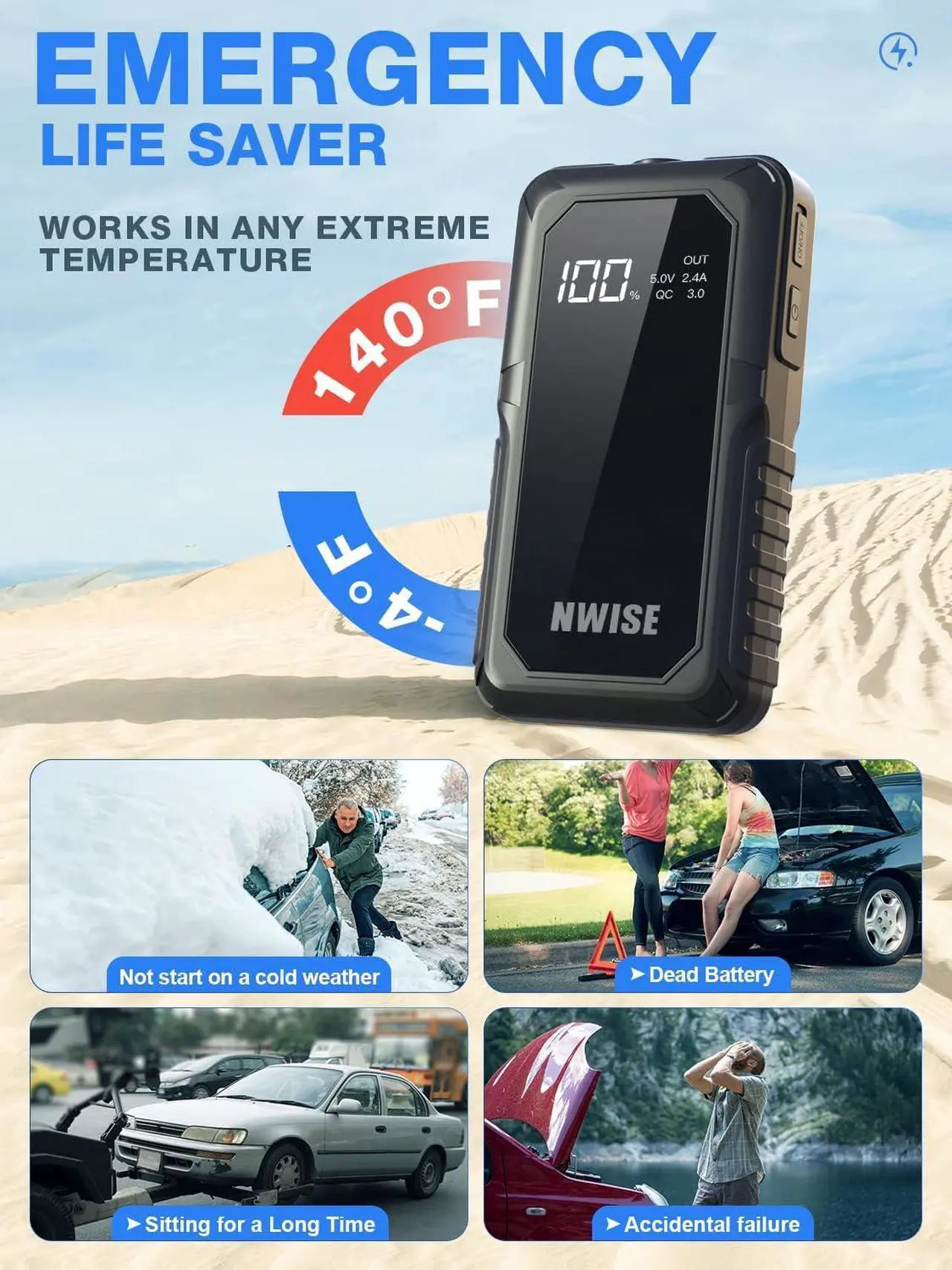 Alt view image 6 of 7 - Car Jump Starter, 1600A Peak Portable Battery Starter with Smart Safety Jumper Clamps,12V Jump Boxes with Dual USB Quick Charge 3.0, LED Light Black