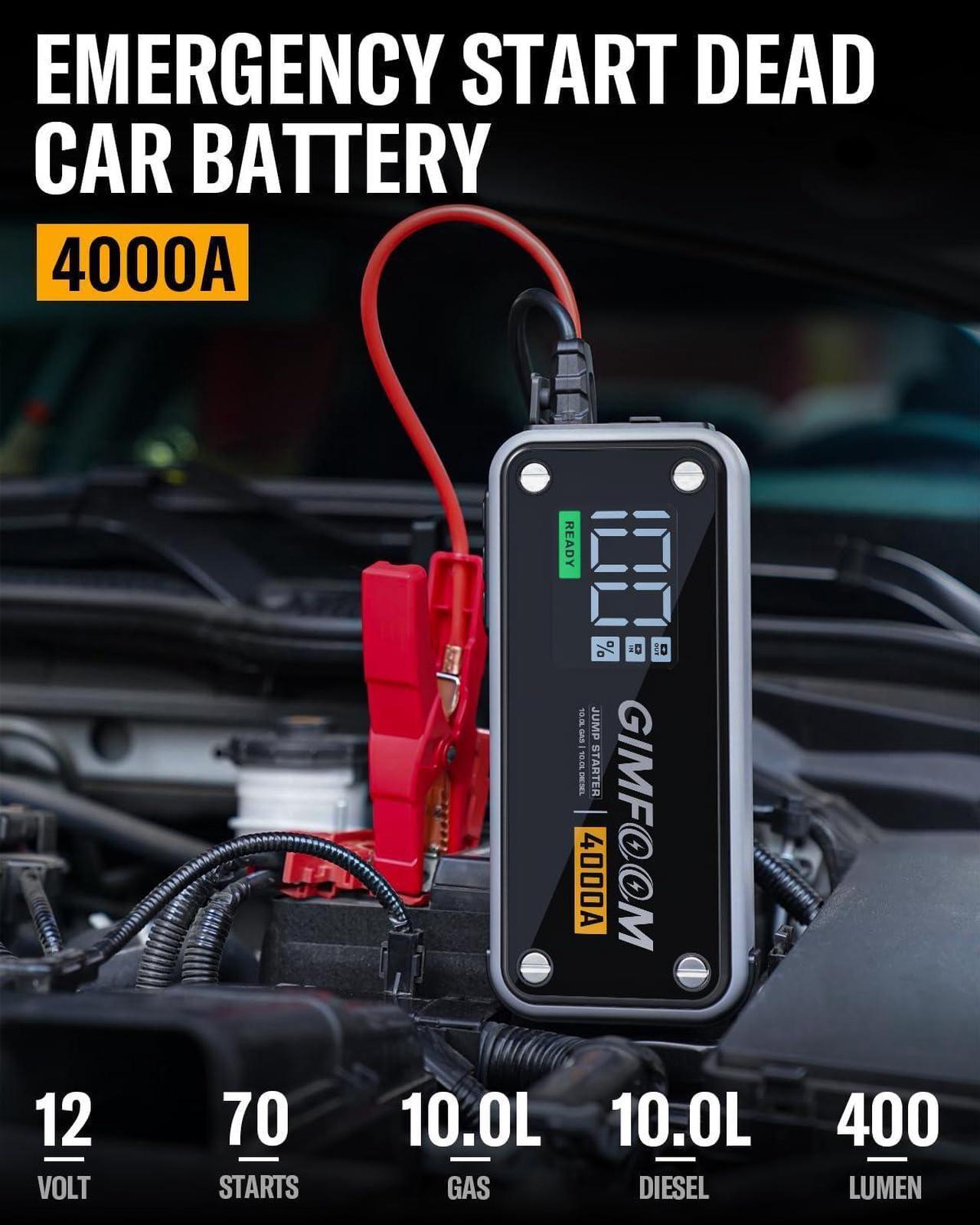 Alt view image 2 of 7 - Jump Starter, 4000A Car Battery Jump Starter with Wall Charger (10L Gas & 10L Diesel Engines), 12V Jump Starter Battery Pack with 3.4 Inch Smart Display, Jump Box with 400 Lumens LED Light