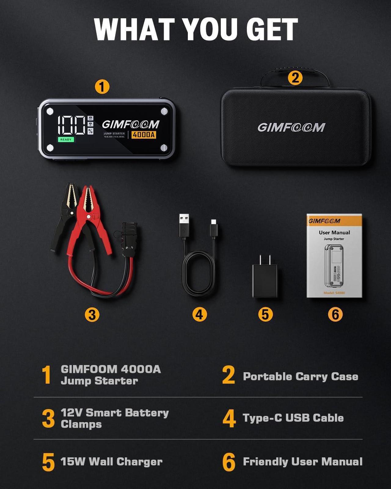 Alt view image 7 of 7 - Jump Starter, 4000A Car Battery Jump Starter with Wall Charger (10L Gas & 10L Diesel Engines), 12V Jump Starter Battery Pack with 3.4 Inch Smart Display, Jump Box with 400 Lumens LED Light