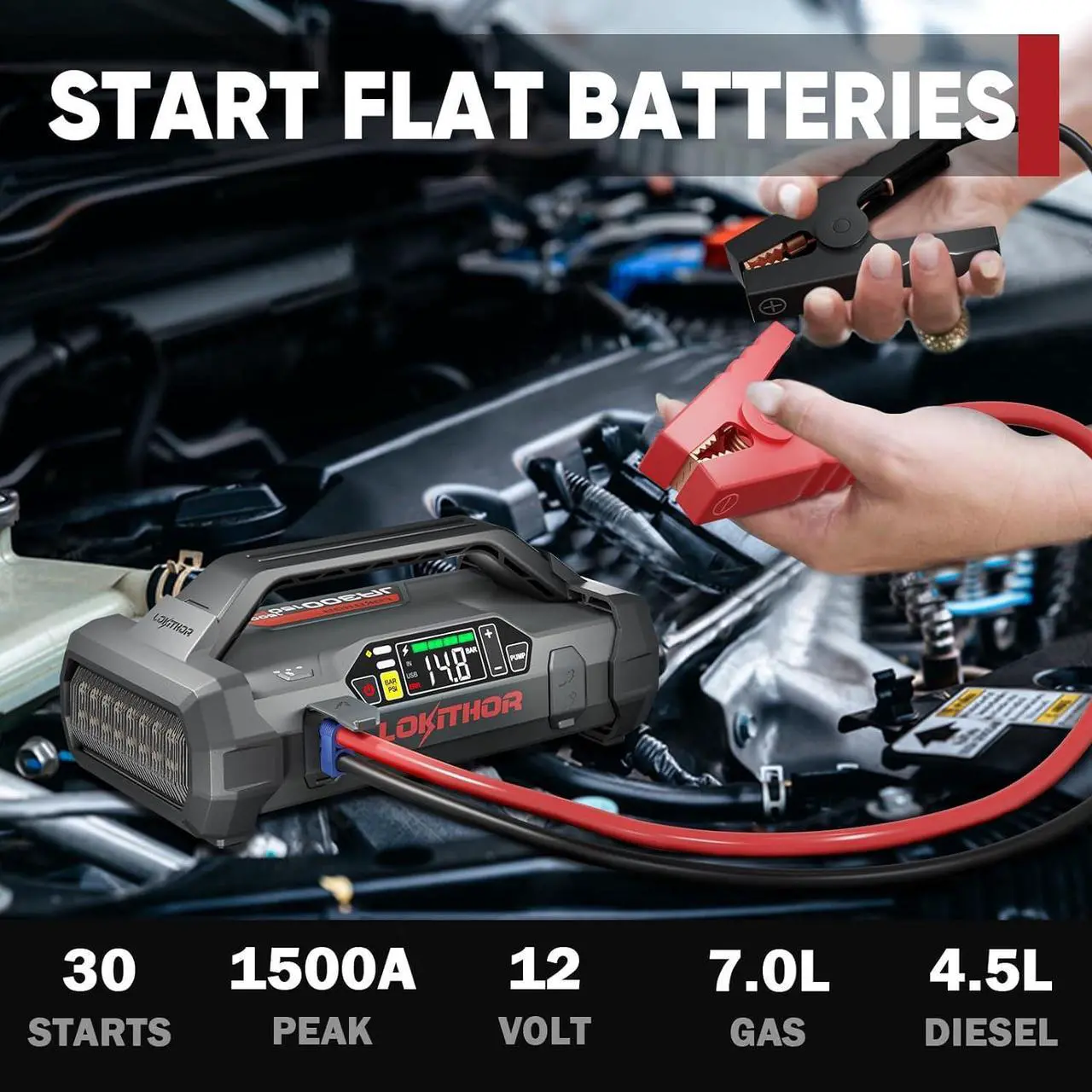 Alt view image 2 of 7 - JA300 Jump Starter with Air Compressor, 1500Amp 12V Portable Car Battery Booster Pack for Upto 7.0L Gas or 4.5L Diesel, 150 PSI Tire Inflator with Digital Screen, 24 Months Ultra-Long Standby