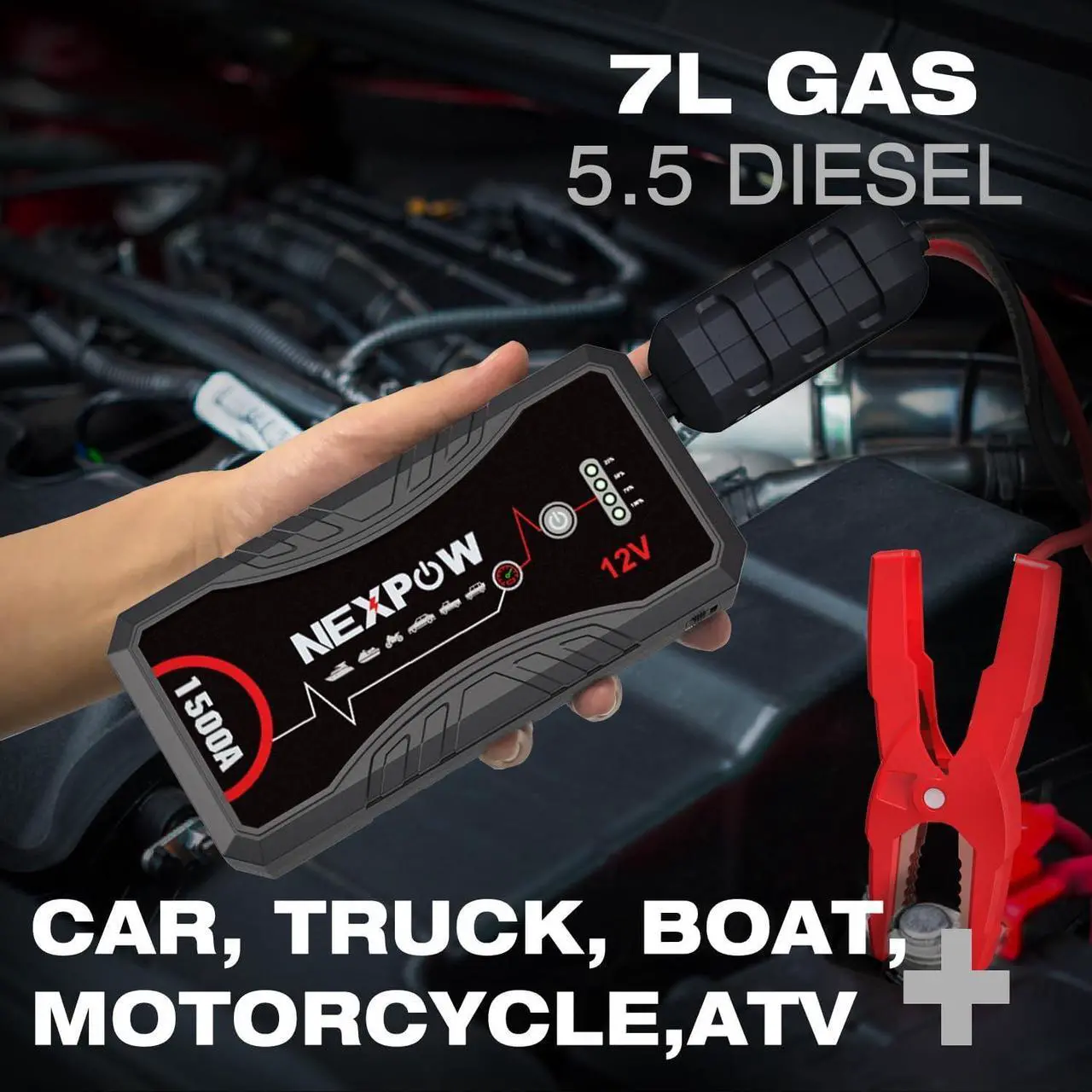 Alt view image 2 of 7 - NEXPOW Car Jump Starter,Car Battery Jump Starter Pack 1500A Peak Q10S for Up to 7.0L Gas and 5.5L Diesel Engine12V Auto Battery Booster,Jumper Cables,Portable Lithium Jump Box with LED Light/USB QC3.0