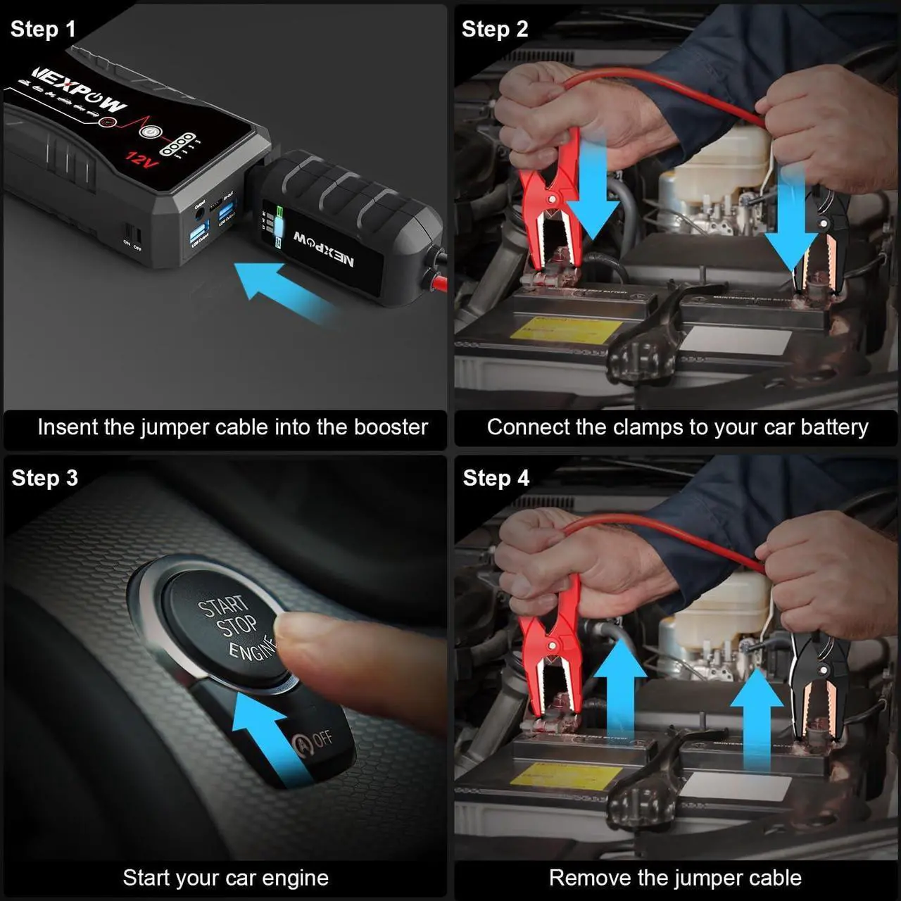 Alt view image 5 of 7 - NEXPOW Car Jump Starter,Car Battery Jump Starter Pack 1500A Peak Q10S for Up to 7.0L Gas and 5.5L Diesel Engine12V Auto Battery Booster,Jumper Cables,Portable Lithium Jump Box with LED Light/USB QC3.0
