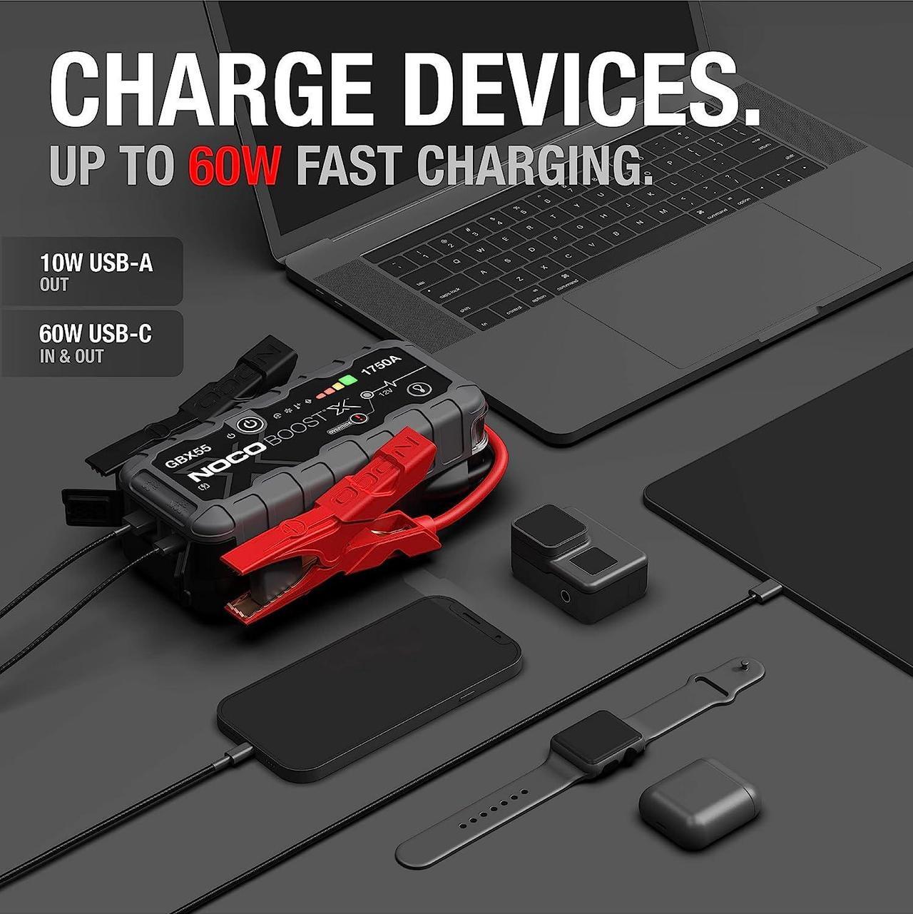 Alt view image 5 of 7 - NOCO Boost X GBX55 1750A 12V UltraSafe Portable Lithium Jump Starter, Car Battery Booster Pack, USB-C Powerbank Charger, and Jumper Cables for up to 7.5-Liter Gas and 5.0-Liter Diesel Engines