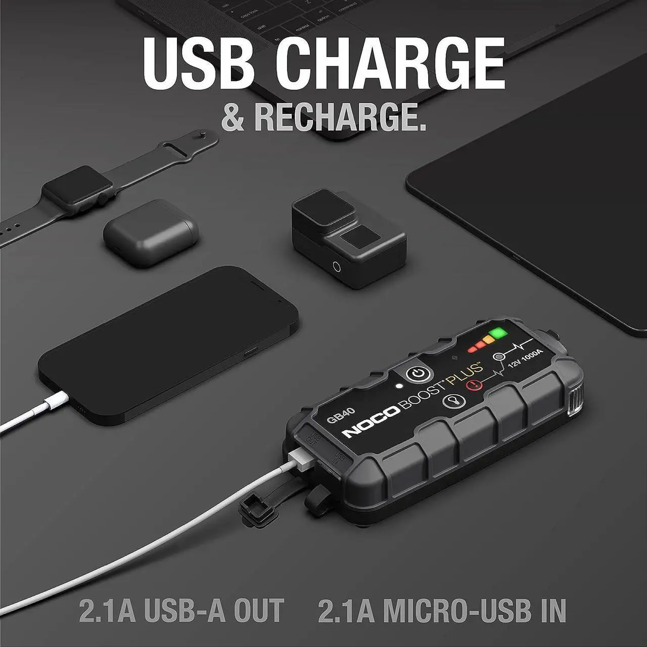 Alt view image 4 of 6 - NOCO Boost Plus GB40 1000A UltraSafe Car Battery Jump Starter, 12V Battery Pack, Battery Booster, Jump Box, Portable Charger and Jumper Cables for 6.0L Gasoline and 3.0L Diesel Engines, Gray