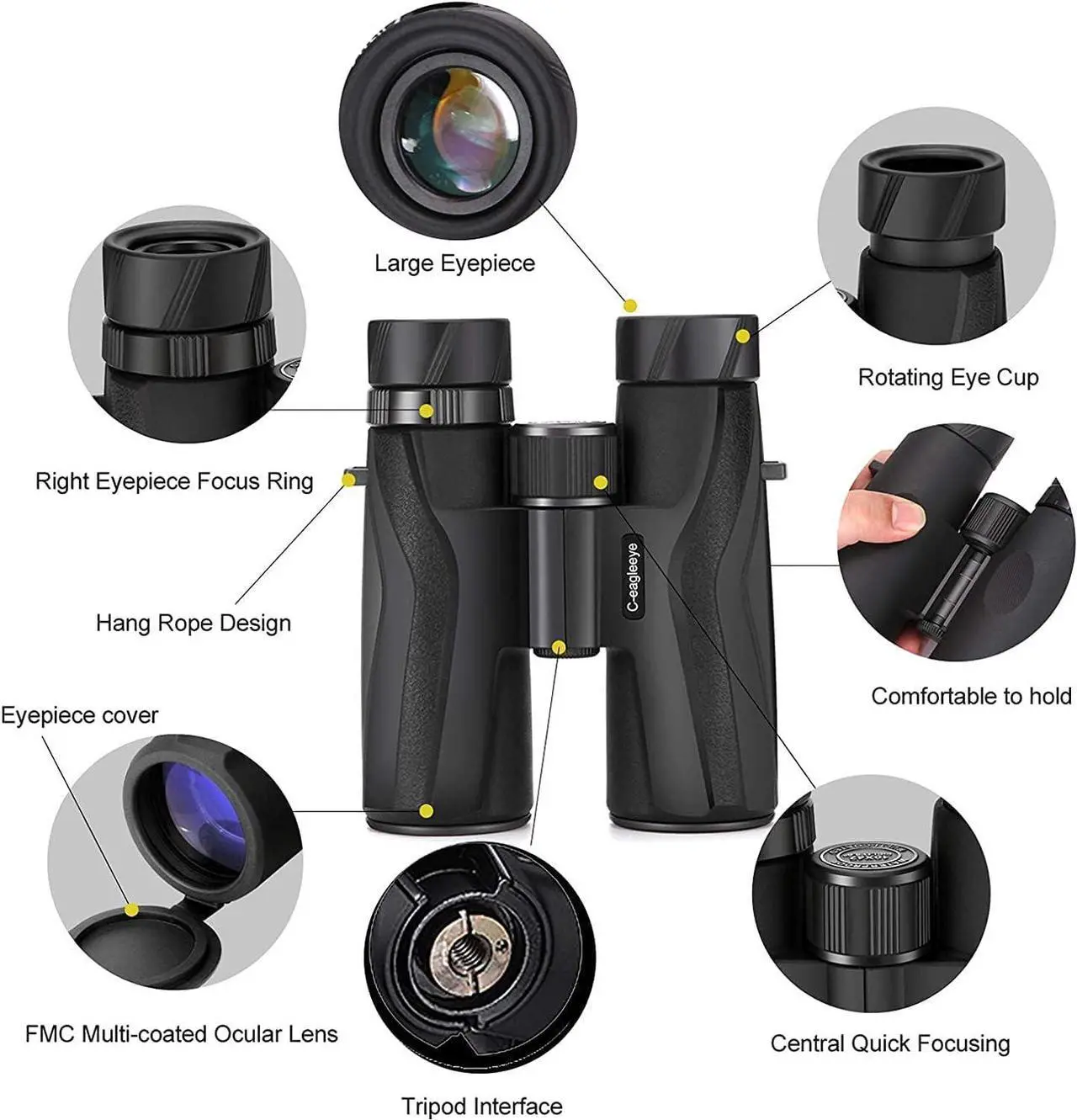 Alt view image 3 of 6 - Ceagleeye10x42 Binoculars for Adults,Ipx7 Professional Waterproof and Anti-Fog with 23mm Large Eyepiece Bak4 Lens,Binoculars for Travel Bird Watching Hunting Sports Extra Bag,Strap,Phone Adapter,Black