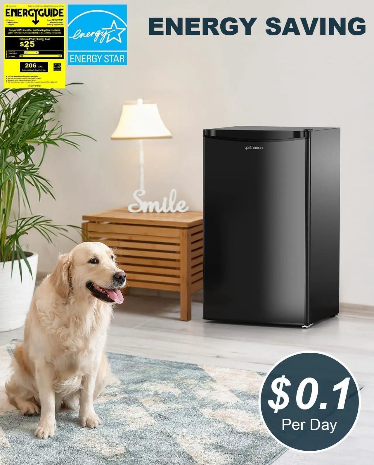 Alt view image 2 of 7 - Upstreman 3.2 Cu.Ft Mini Fridge with Freezer, Single Door, Adjustable Thermostat, Refrigerator for Dorm, Office, Bedroom, Black-BR321