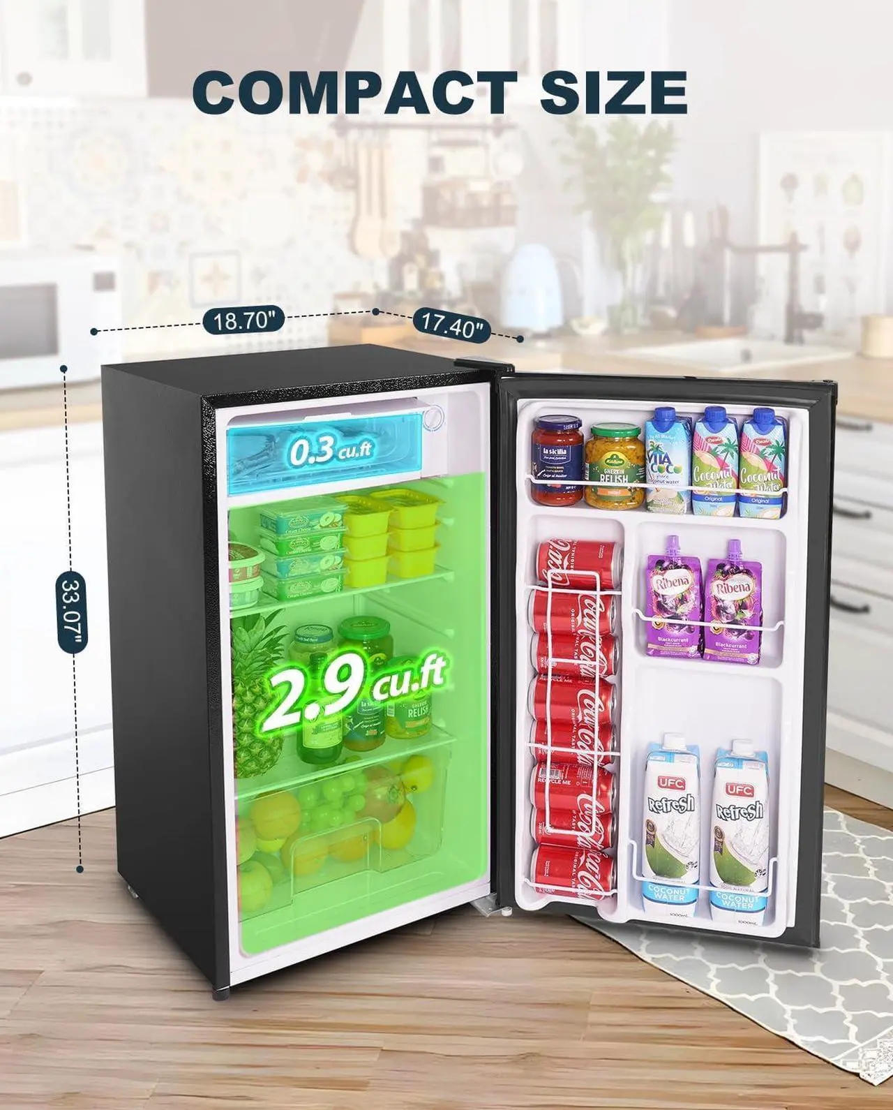 Alt view image 3 of 7 - Upstreman 3.2 Cu.Ft Mini Fridge with Freezer, Single Door, Adjustable Thermostat, Refrigerator for Dorm, Office, Bedroom, Black-BR321