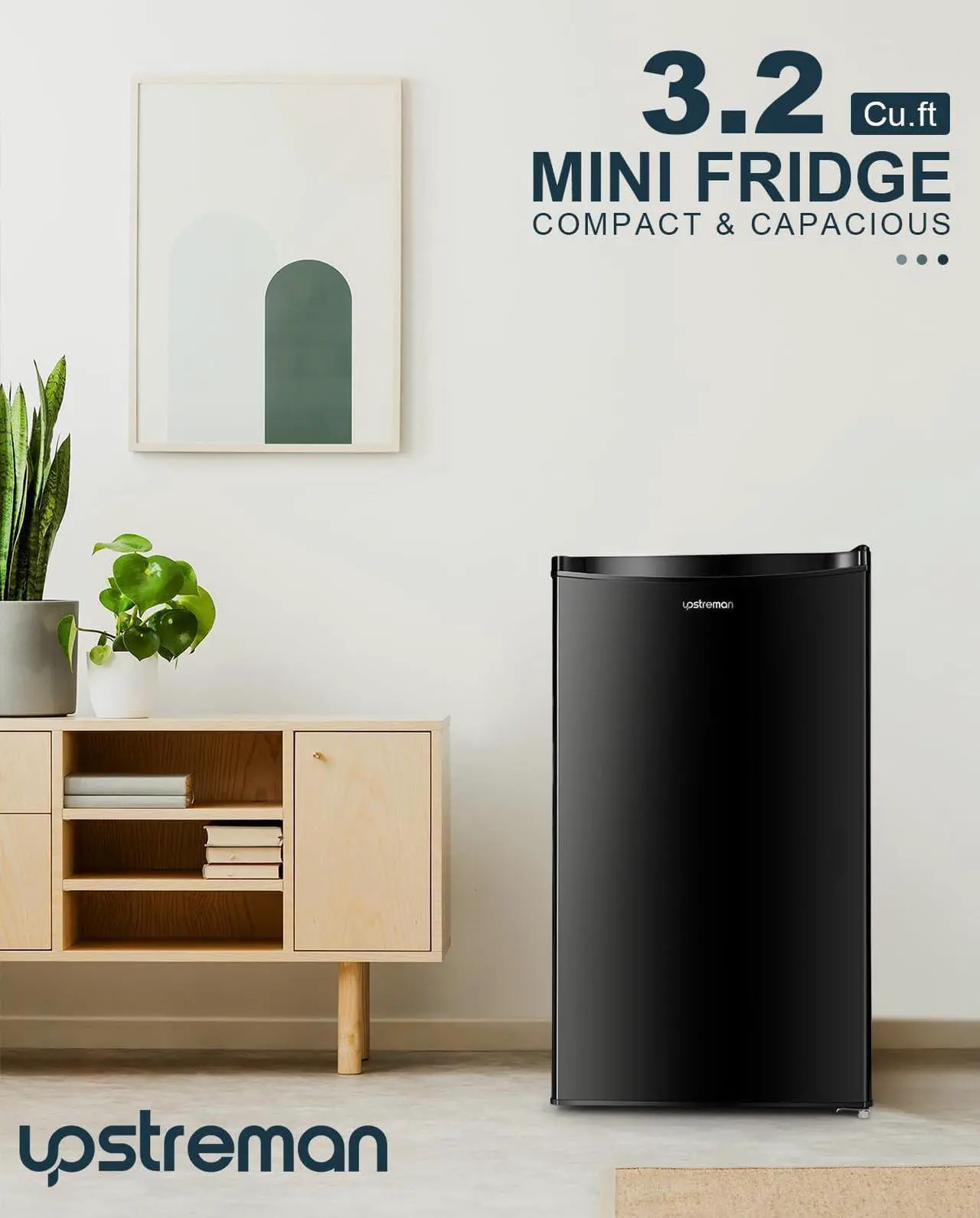 Alt view image 6 of 7 - Upstreman 3.2 Cu.Ft Mini Fridge with Freezer, Single Door, Adjustable Thermostat, Refrigerator for Dorm, Office, Bedroom, Black-BR321