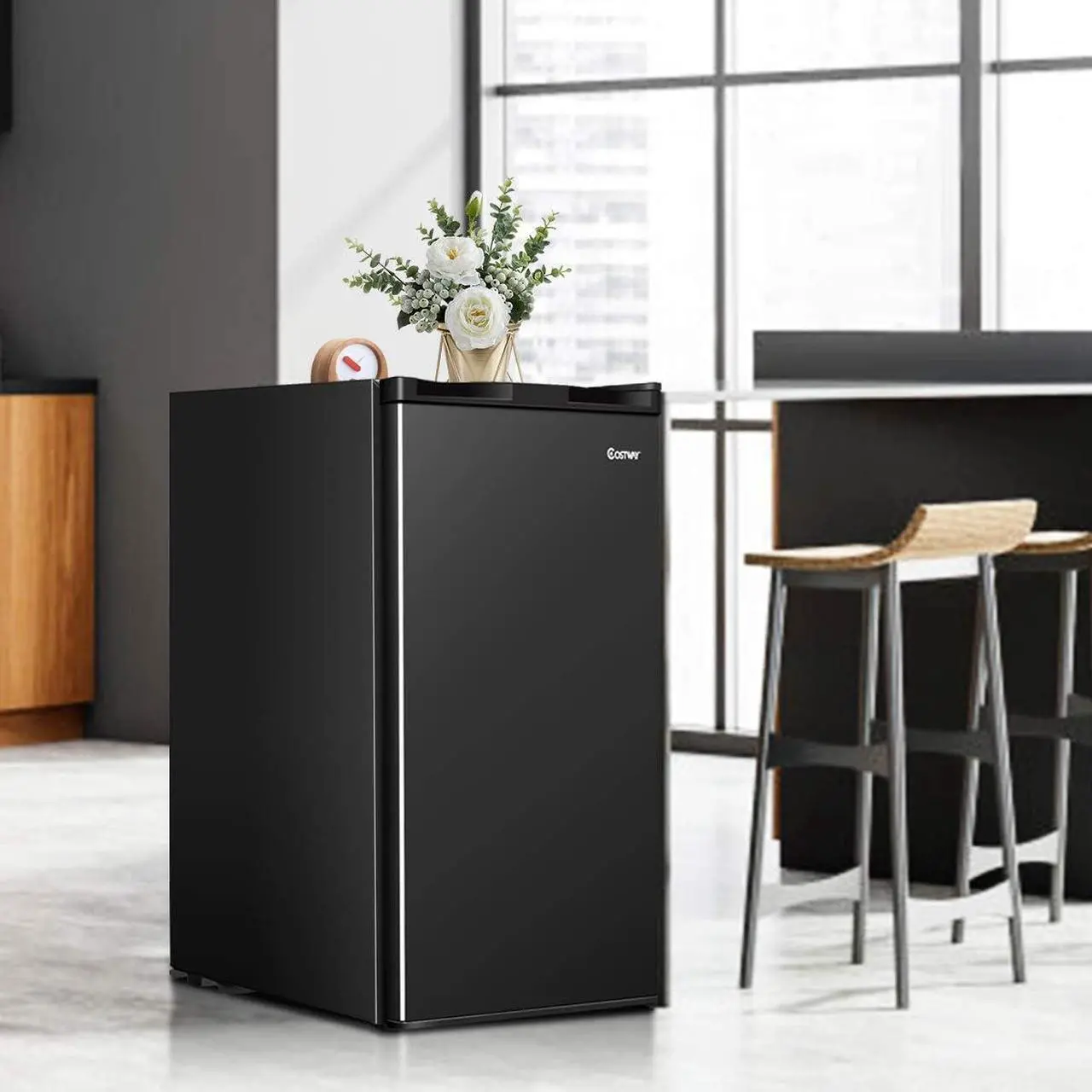 Alt view image 3 of 7 - COSTWAY Compact Refrigerator, Single Door 3.2 CU.FT. Mini Fridge Compartment with Adjustable Thermostat and Removable Glass Shelves, Freezer Cooler Fridge for Dorm Apartment Office, Black