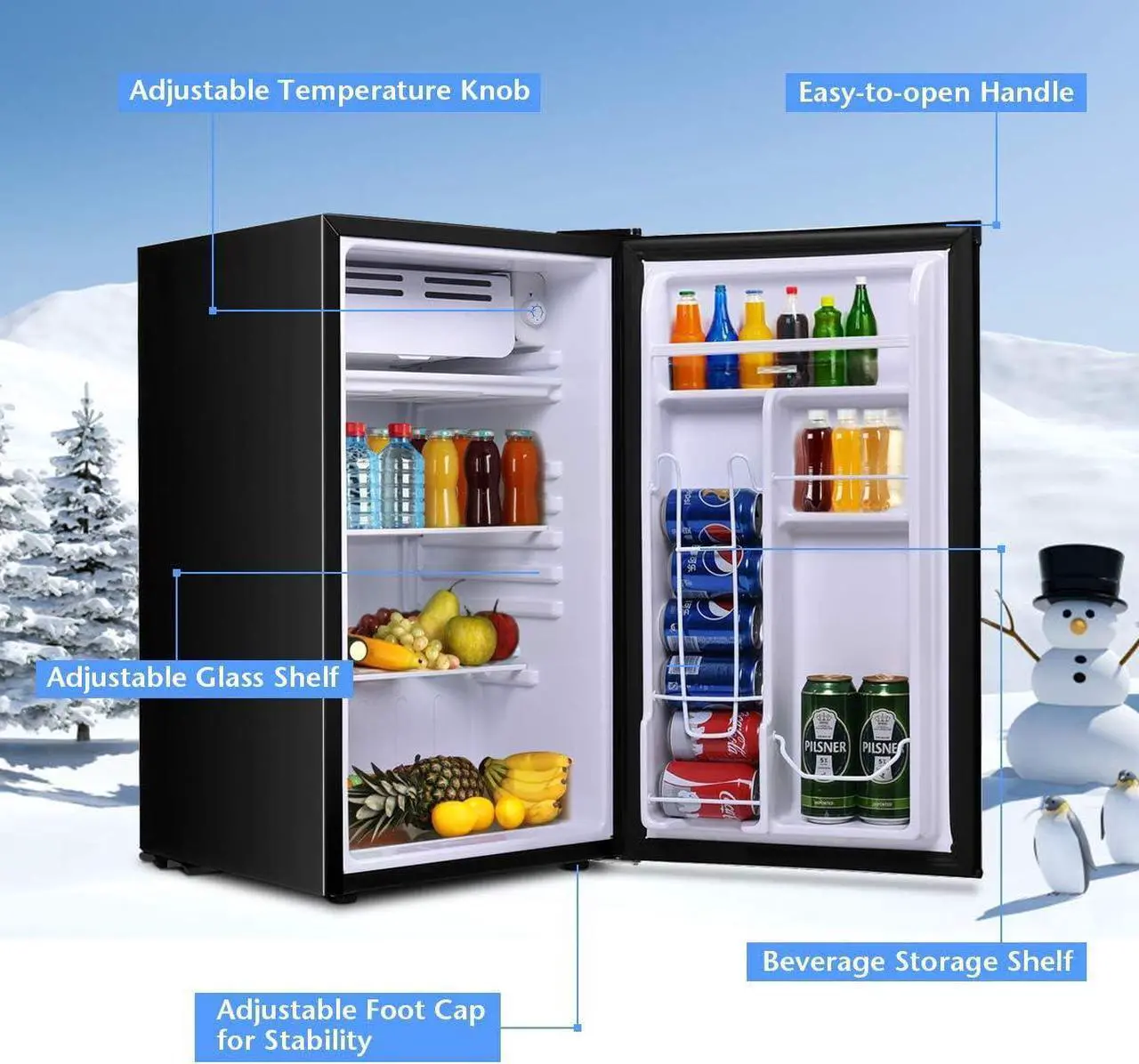 Alt view image 4 of 7 - COSTWAY Compact Refrigerator, Single Door 3.2 CU.FT. Mini Fridge Compartment with Adjustable Thermostat and Removable Glass Shelves, Freezer Cooler Fridge for Dorm Apartment Office, Black