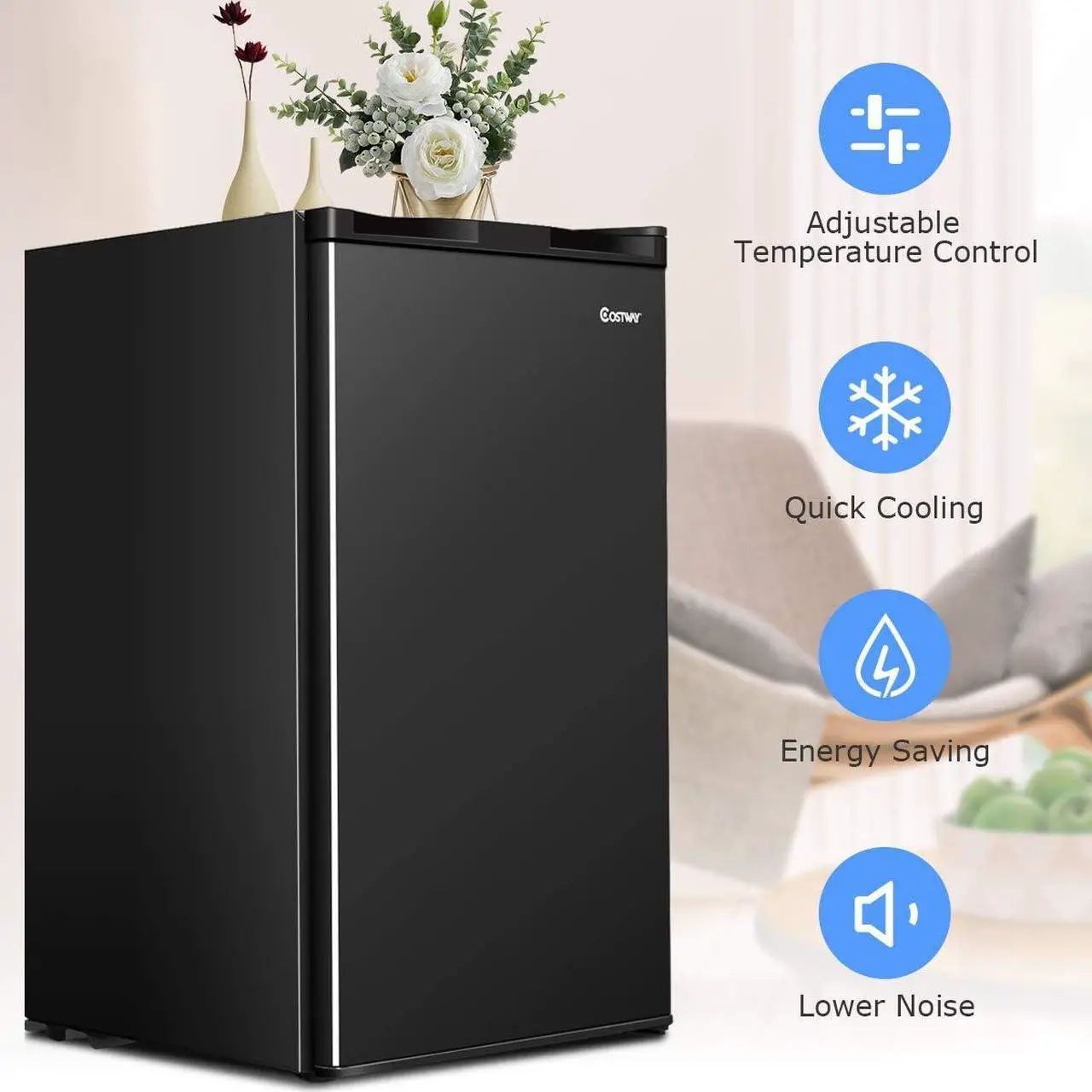 Alt view image 5 of 7 - COSTWAY Compact Refrigerator, Single Door 3.2 CU.FT. Mini Fridge Compartment with Adjustable Thermostat and Removable Glass Shelves, Freezer Cooler Fridge for Dorm Apartment Office, Black