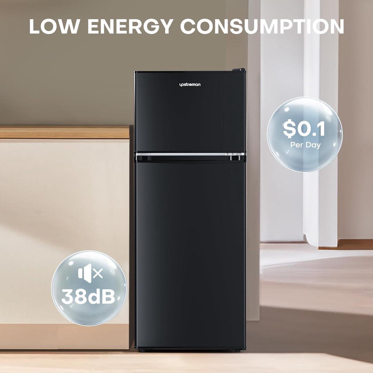 Alt view image 5 of 6 - Upstreman 4.0 Cu.Ft. Mini Fridge with Freezer, Double Door, Mini Fridge for Office,Dorm, Bedroom,Adjustable Thermostat, Large Capacity,Black-BR401